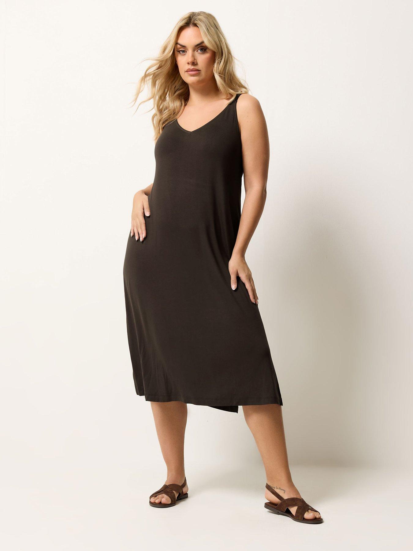 front image of yours-curve-throw-on-dress-brown