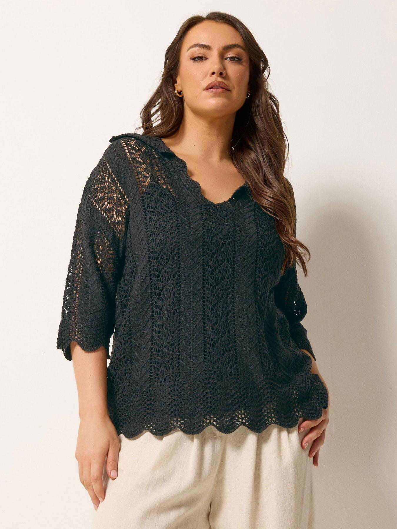 Yours Curve Knitted Collar Pointelle T-Shirt - Black
