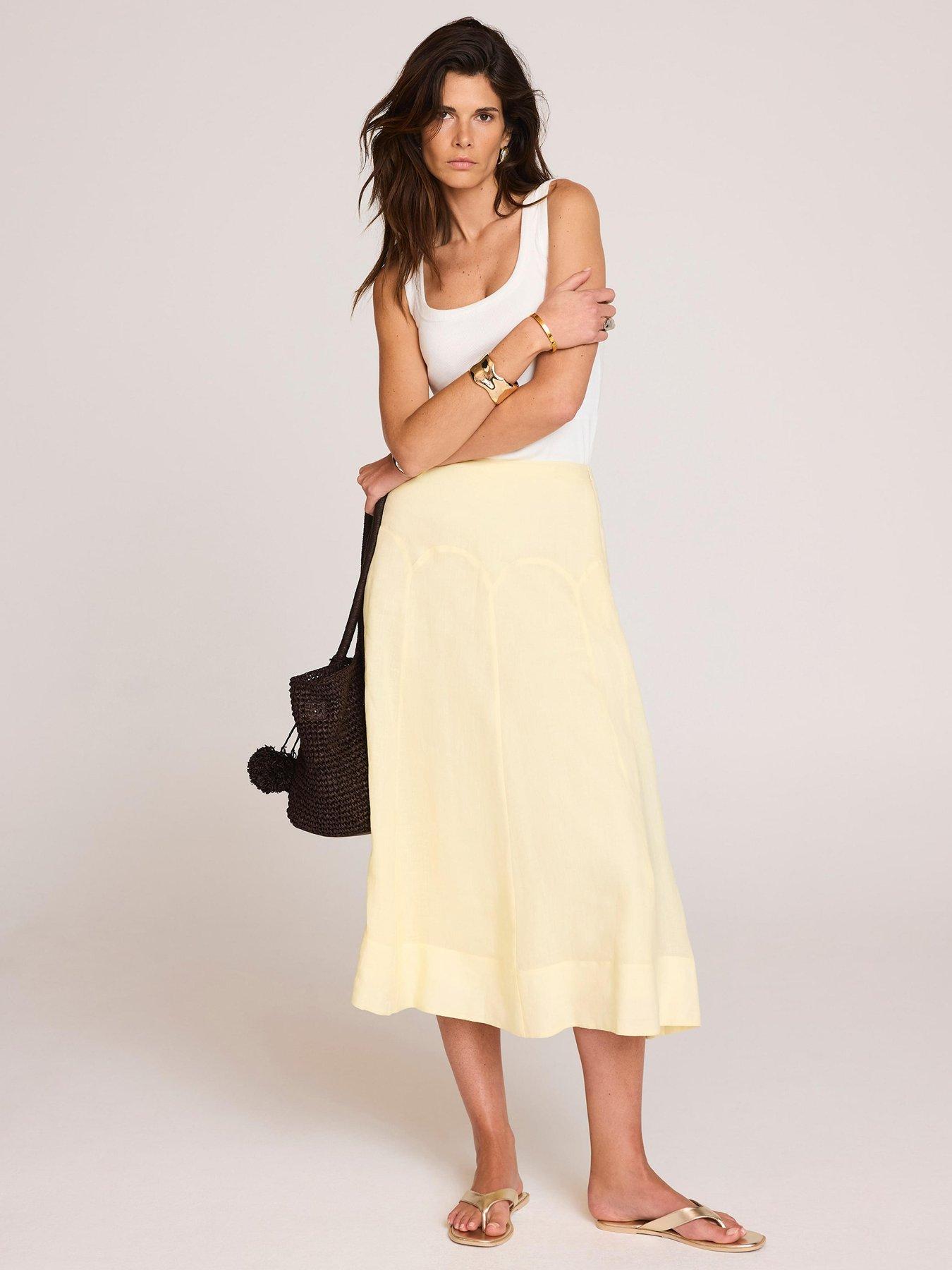 Mint Velvet Scallop Ramie A-Line Midi Skirt - Yellow