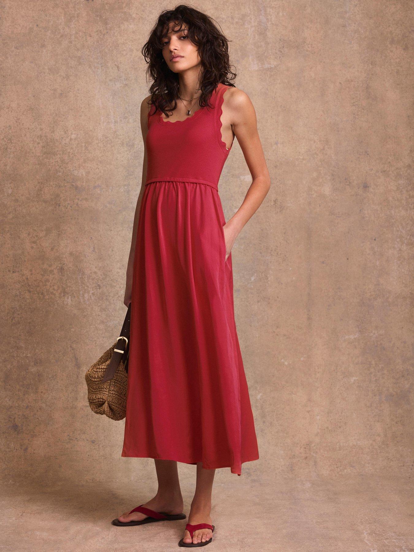 front image of mint-velvet-scallop-detail-woven-mix-dress-red
