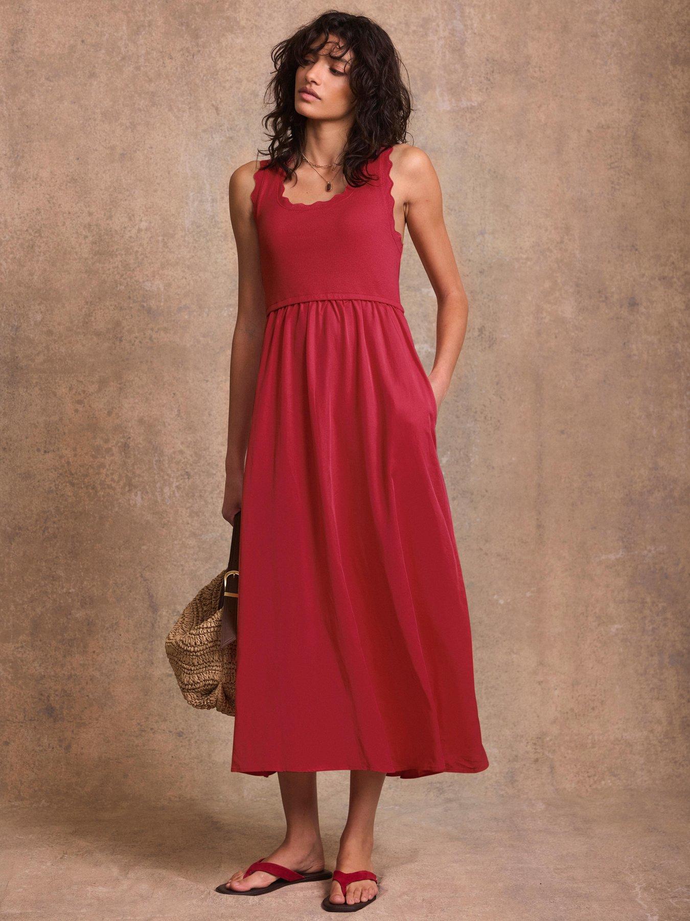  image of mint-velvet-scallop-detail-woven-mix-dress-red