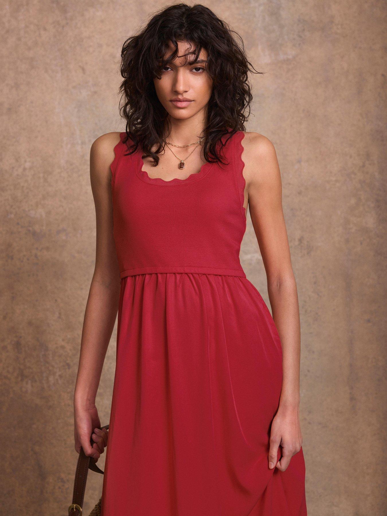  image of mint-velvet-scallop-detail-woven-mix-dress-red
