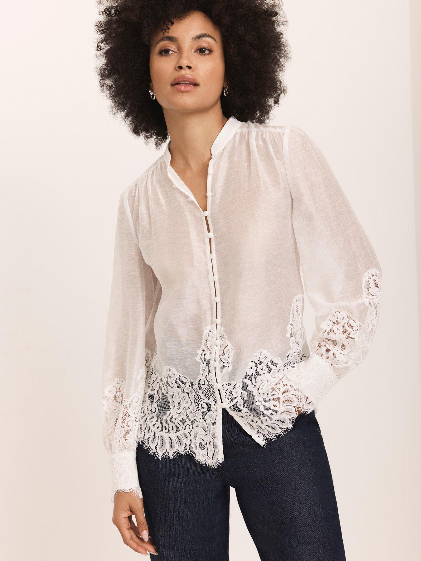  image of mint-velvet-lace-hem-blouse-cream