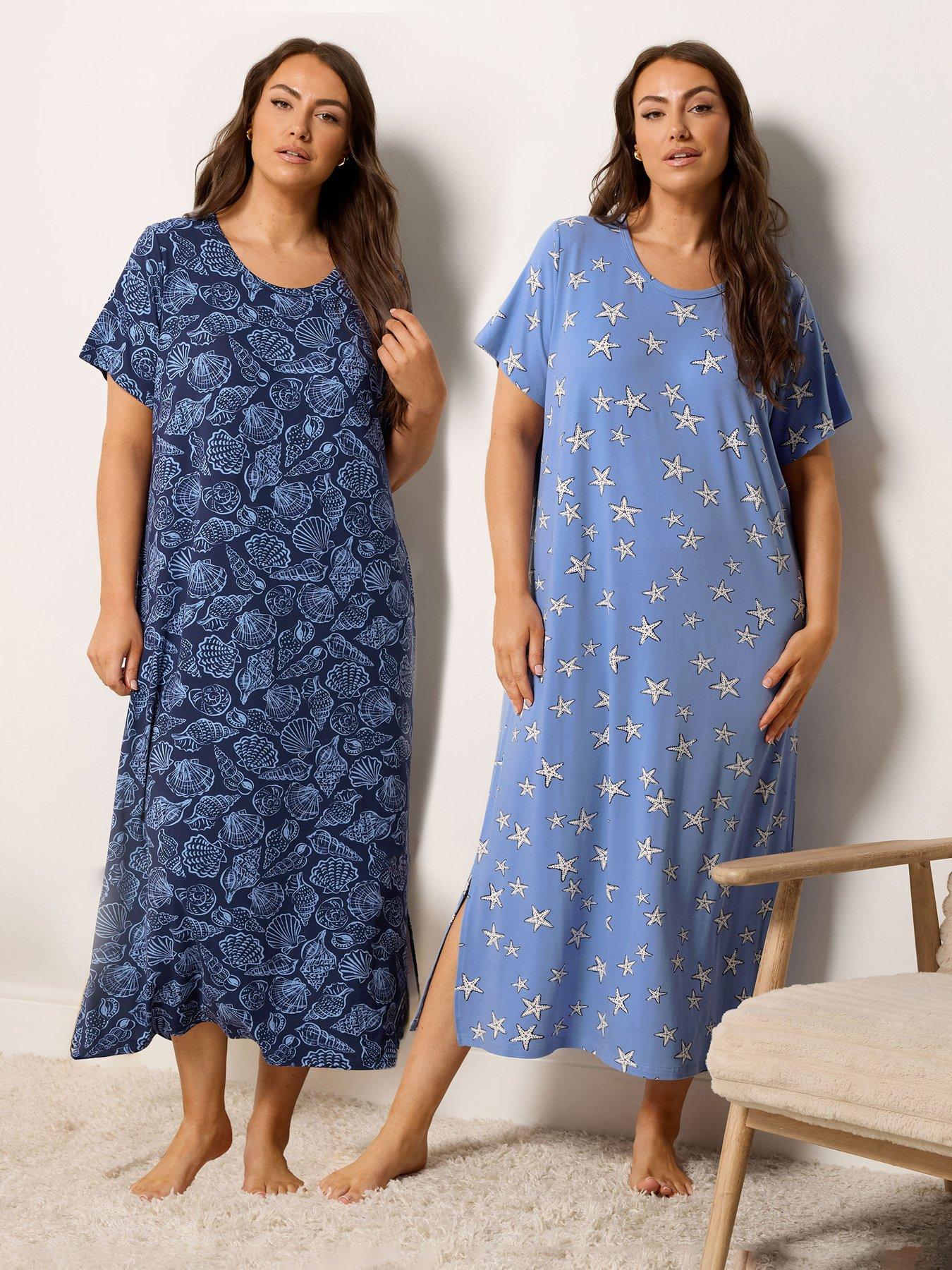Yours Curve 2 Pack Soft Touch Shell Print Midaxi Nightdress - Blue