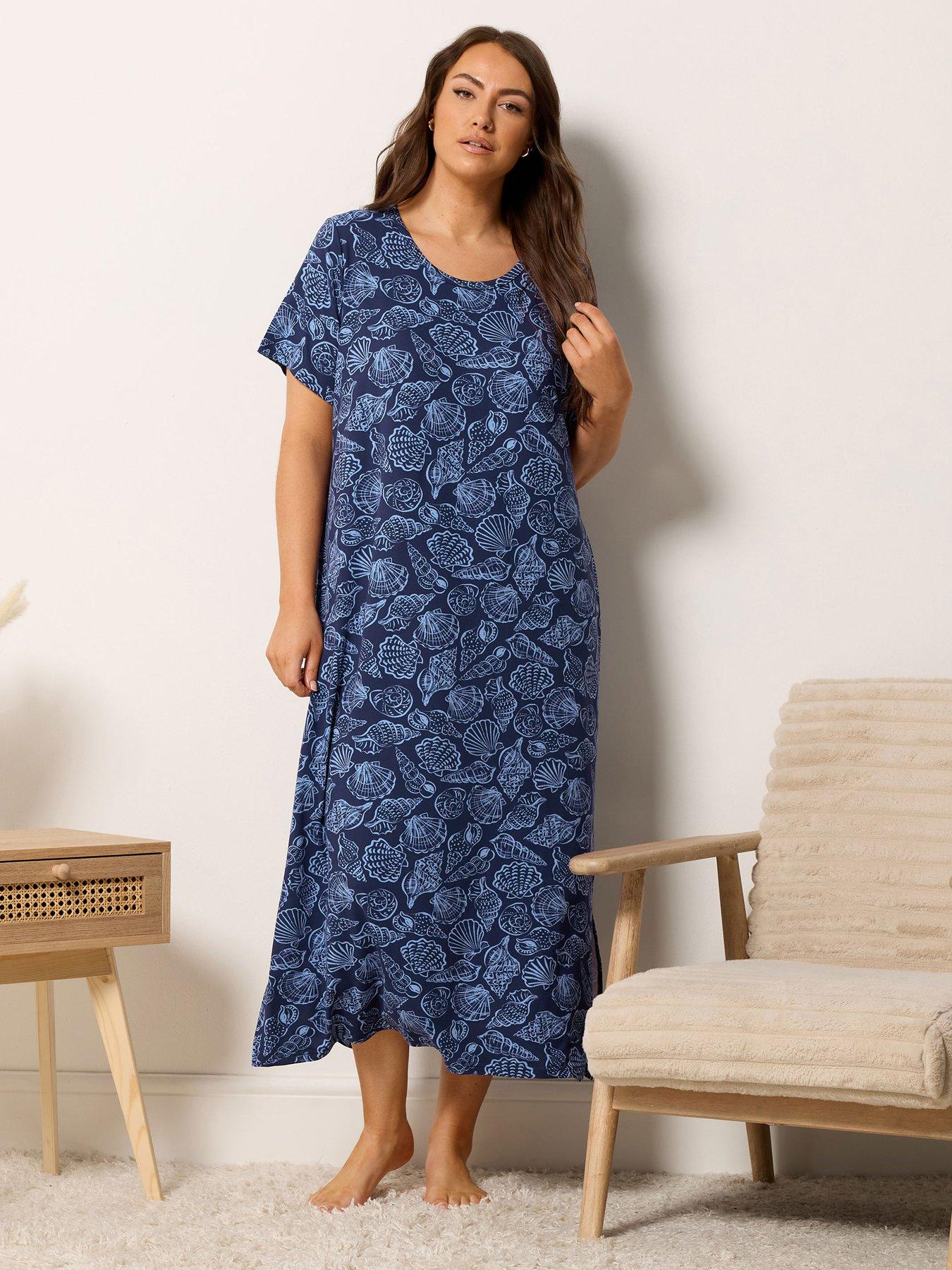 Image 4 of 4 of Yours Curve 2 Pack Soft Touch Shell Print Midaxi Nightdress - Blue