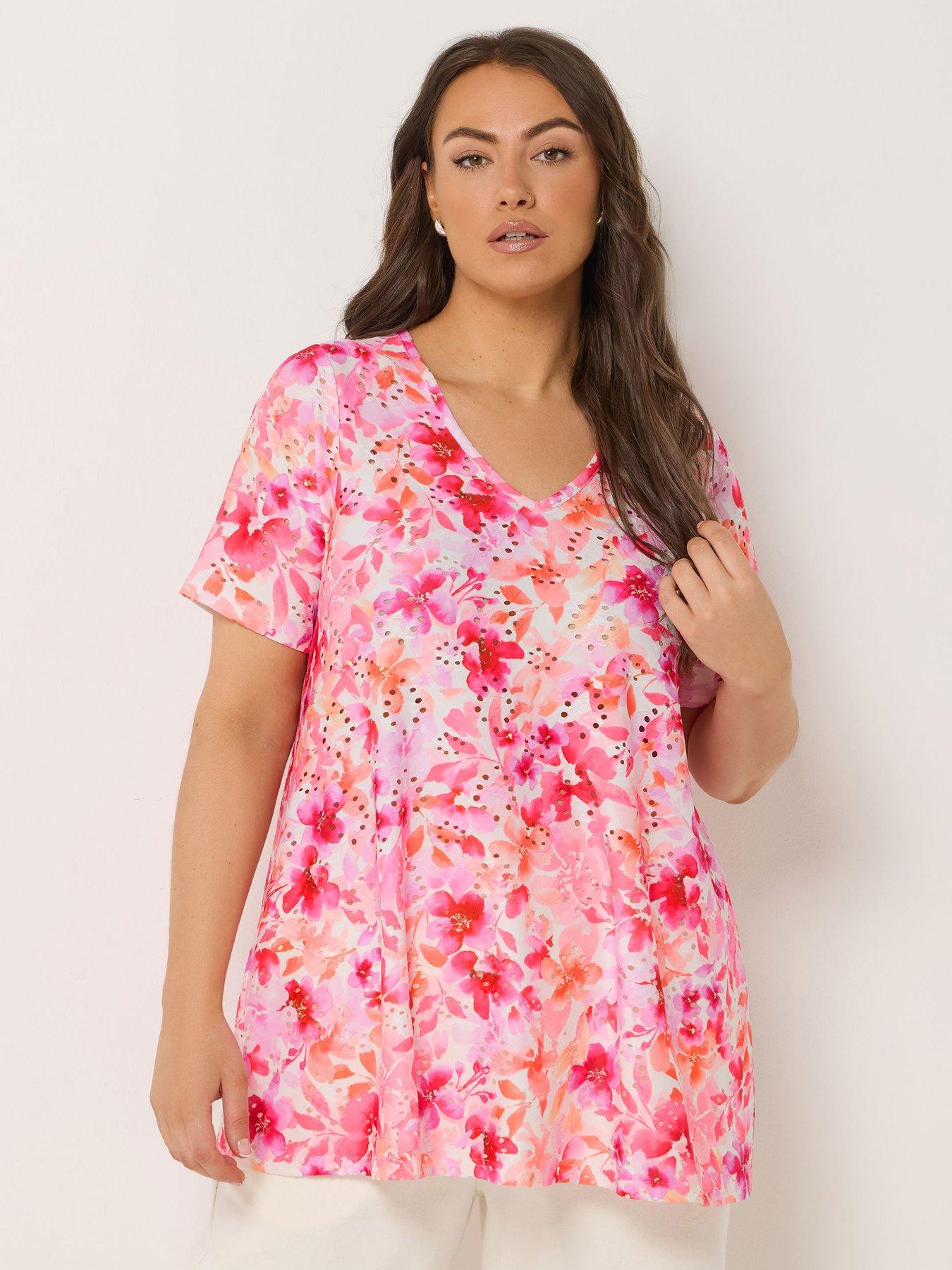 Image 1 of 4 of Yours Curve Printed Broderie V-Neck Top - White