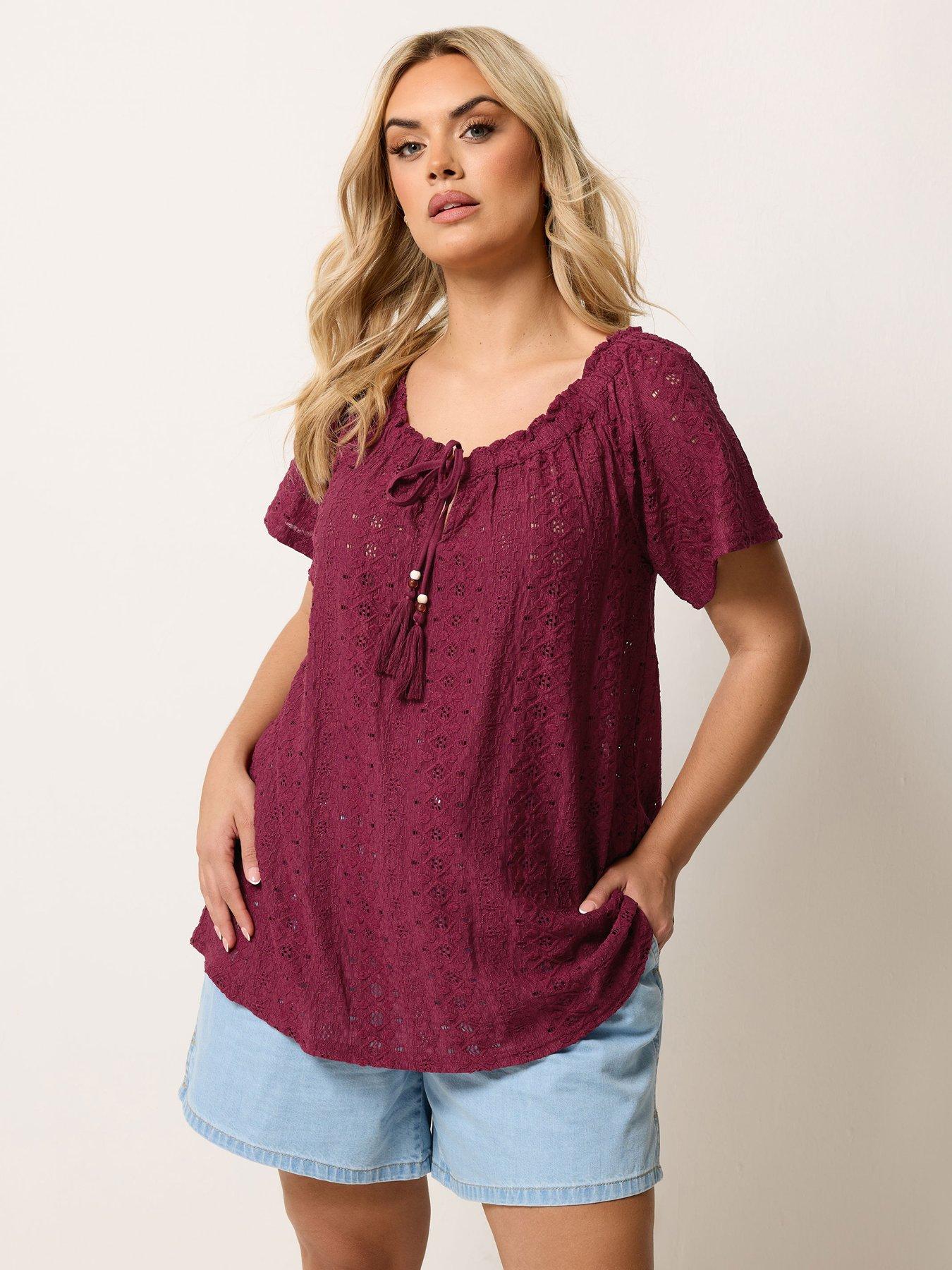 Yours Curve Broderie Bardot Top - Purple
