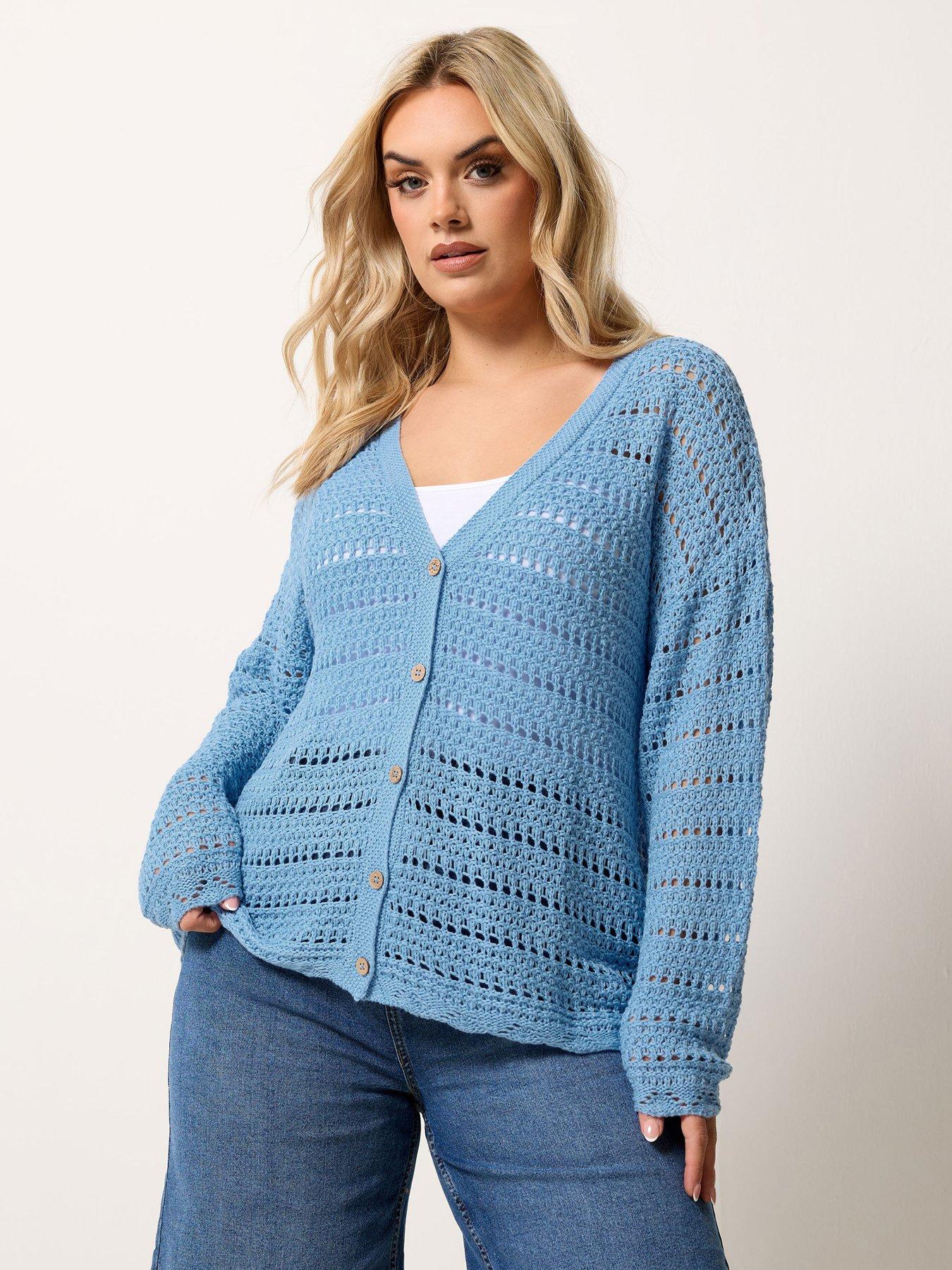Image 1 of 5 of Yours Curve Pointelle Stitch Button Cardigan - Blue