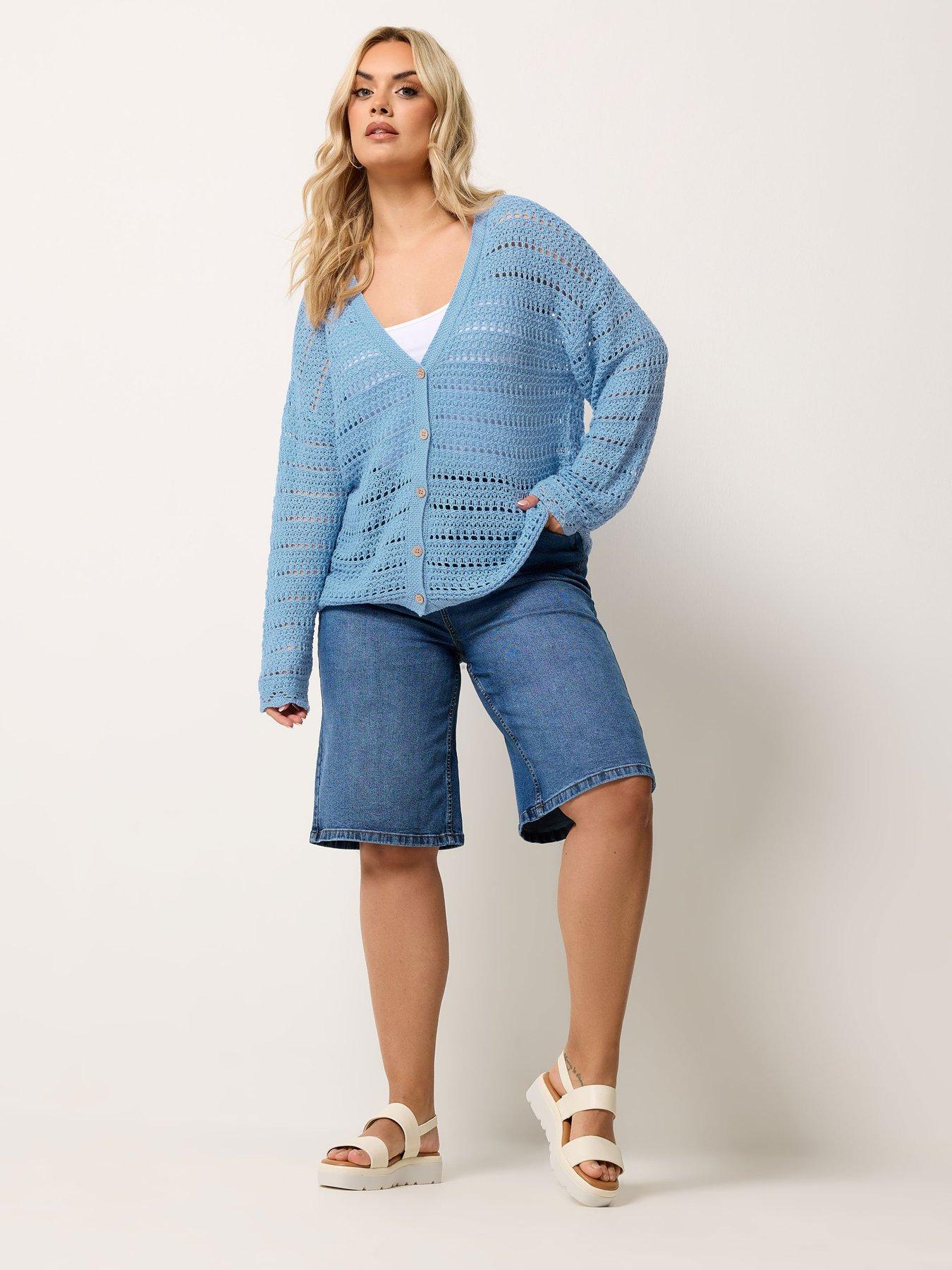 Image 3 of 5 of Yours Curve Pointelle Stitch Button Cardigan - Blue