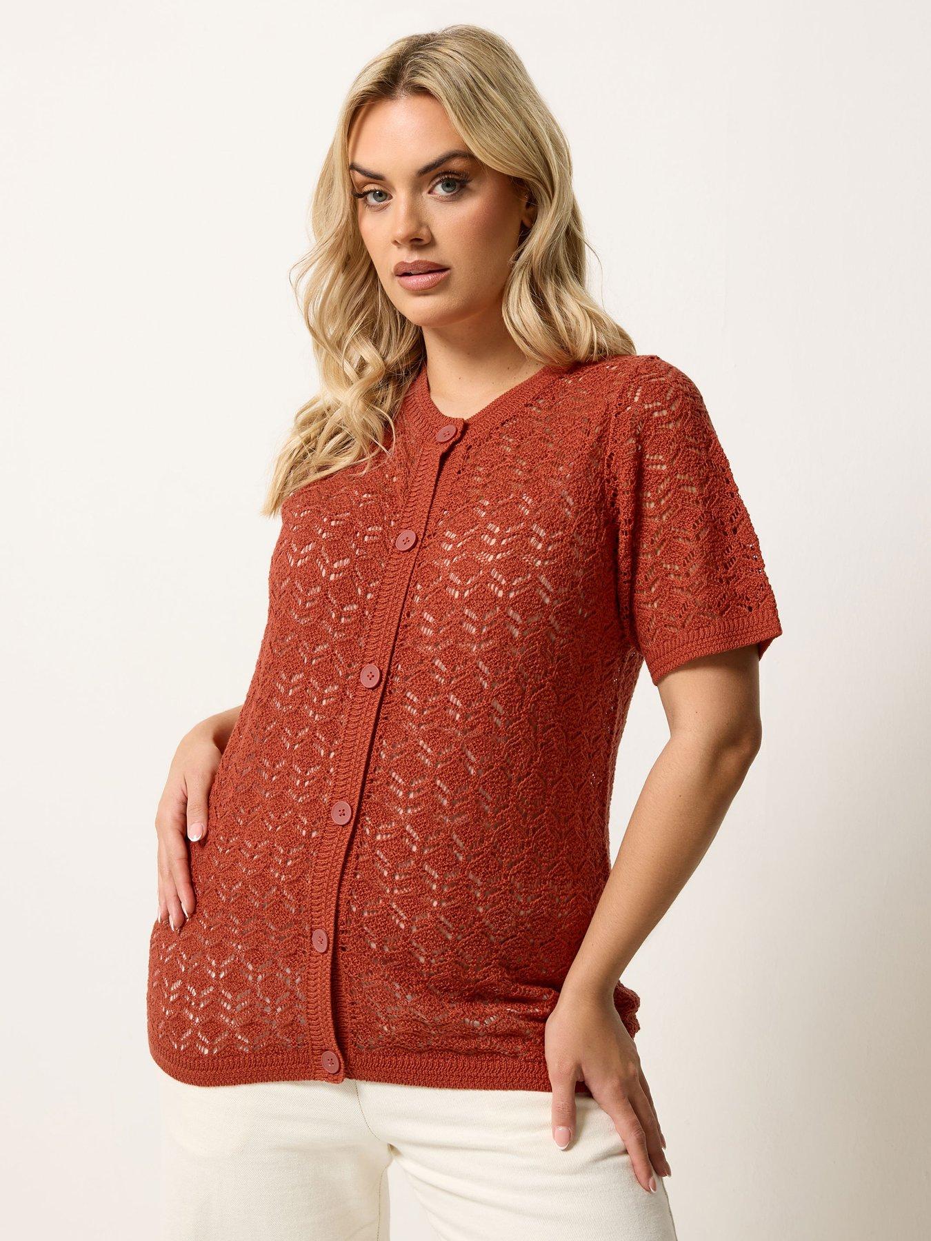Yours Curve Button Through Short Sleeve Top - Brown
