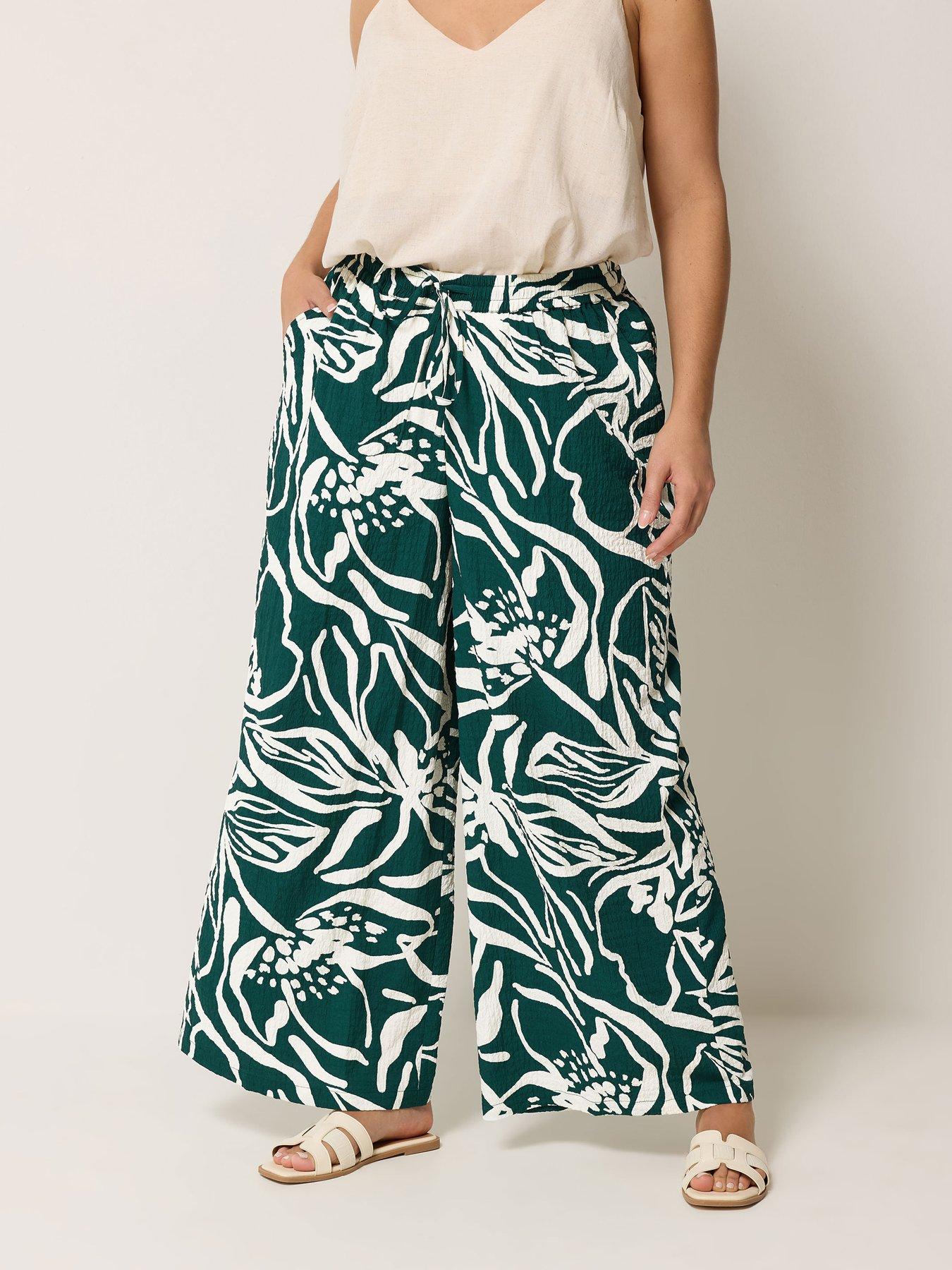 Yours Curve Floral Print Wide Leg Trousers - Green