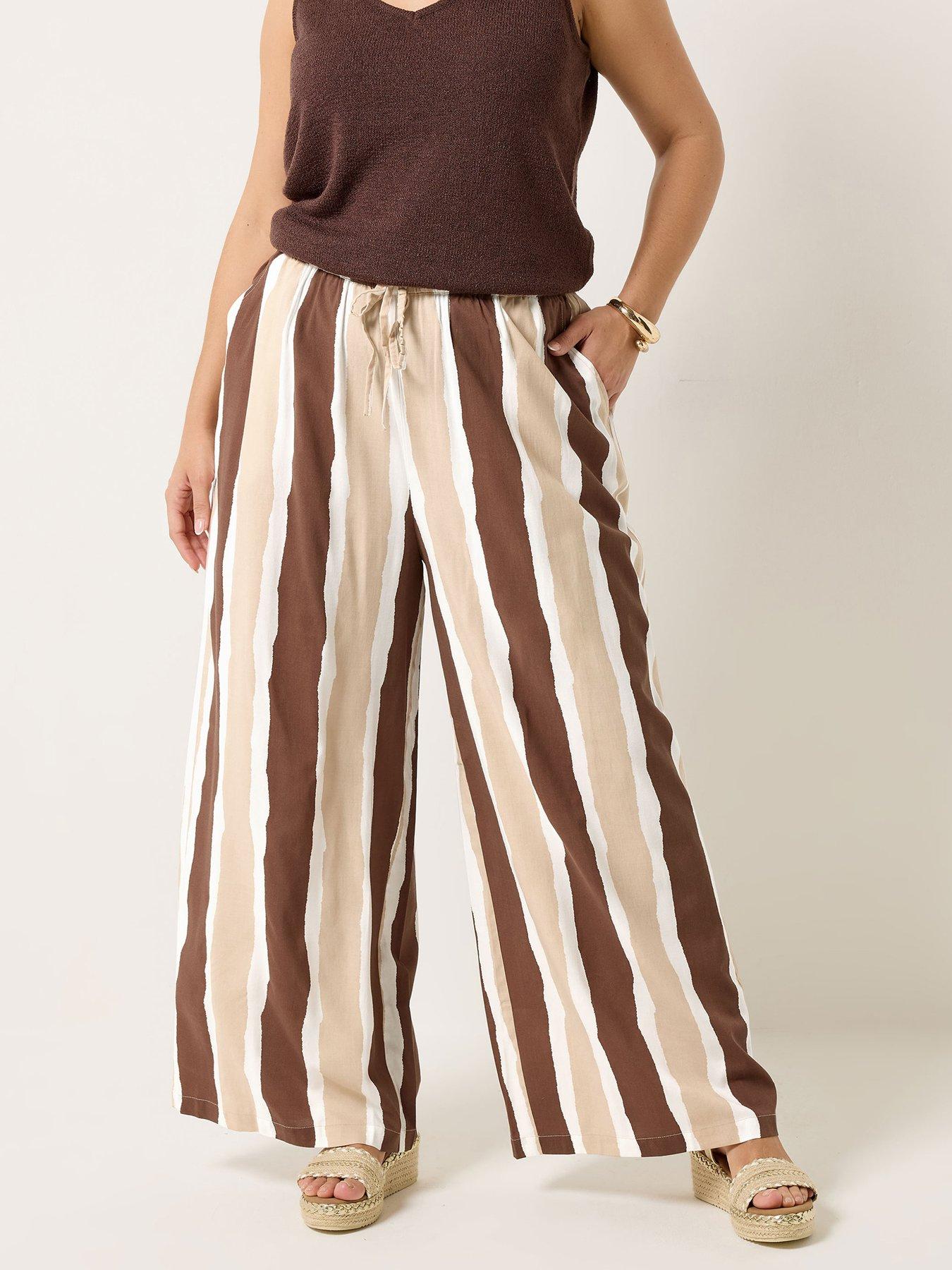 Image 1 of 5 of Yours Curve Striped Wide Leg Trousers - Brown