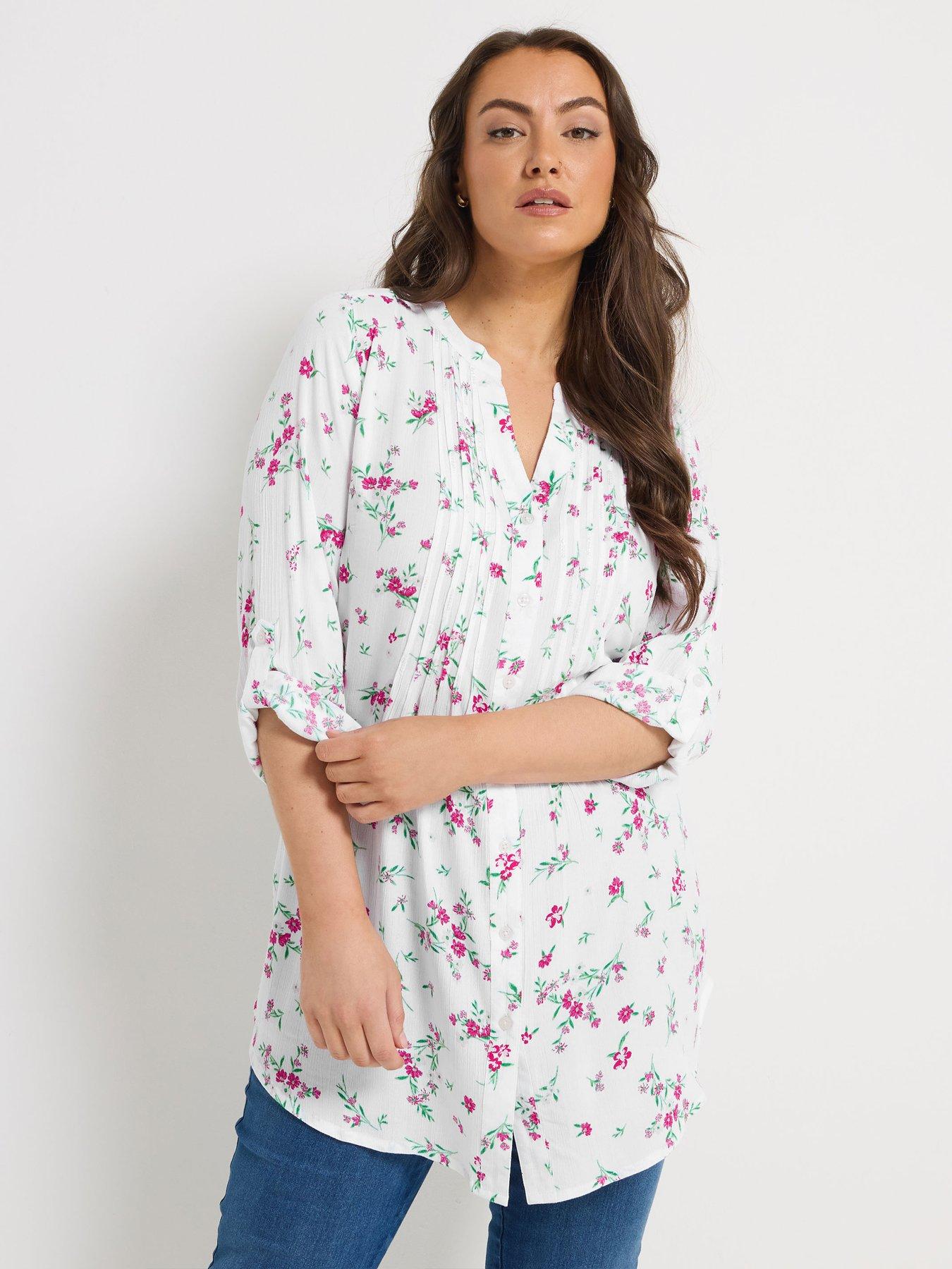 Yours Curve Pintuck Floral Print Top - White