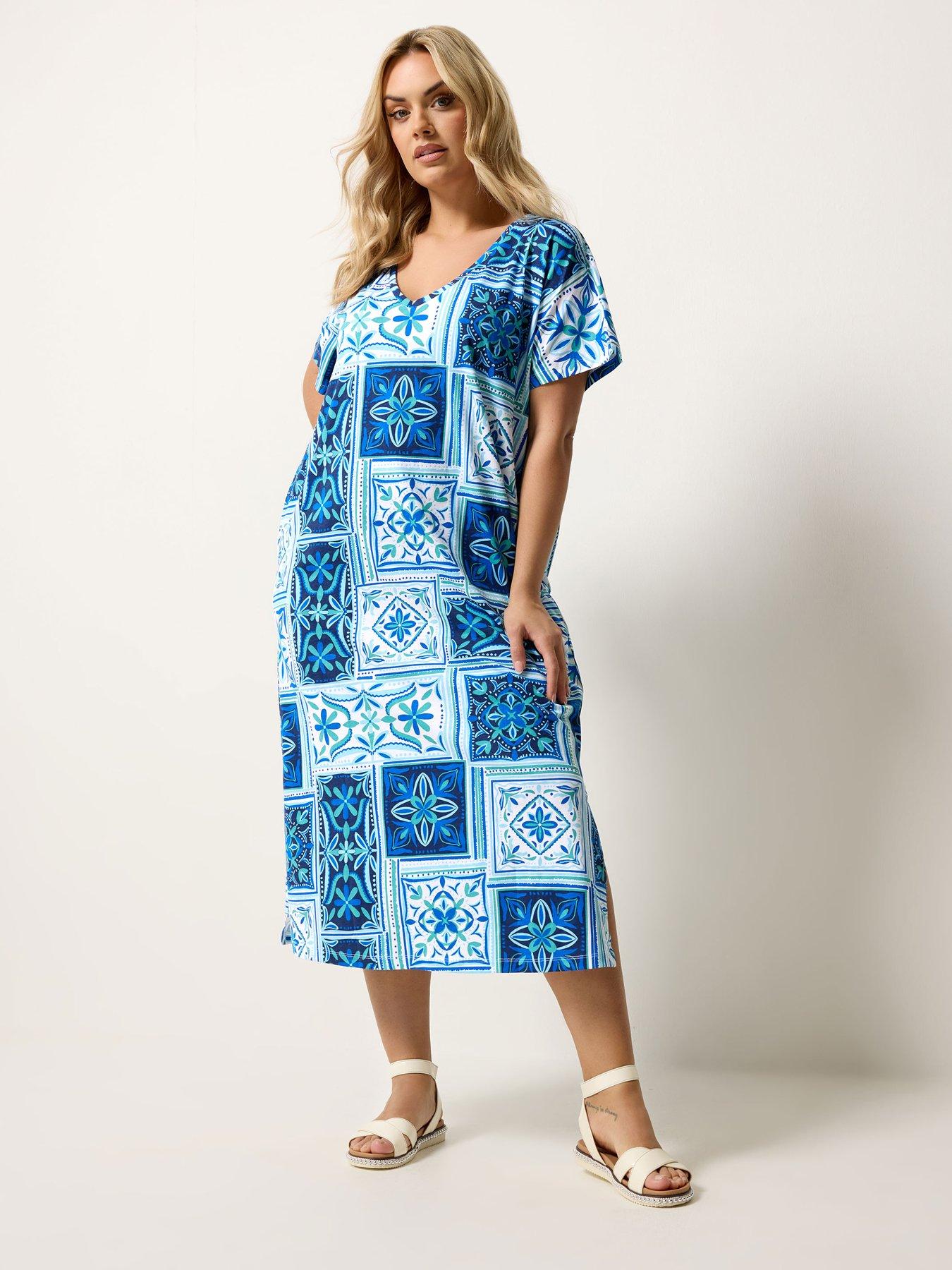 Yours Curve Grown-On Sleeve Tile Print Dress - Blue