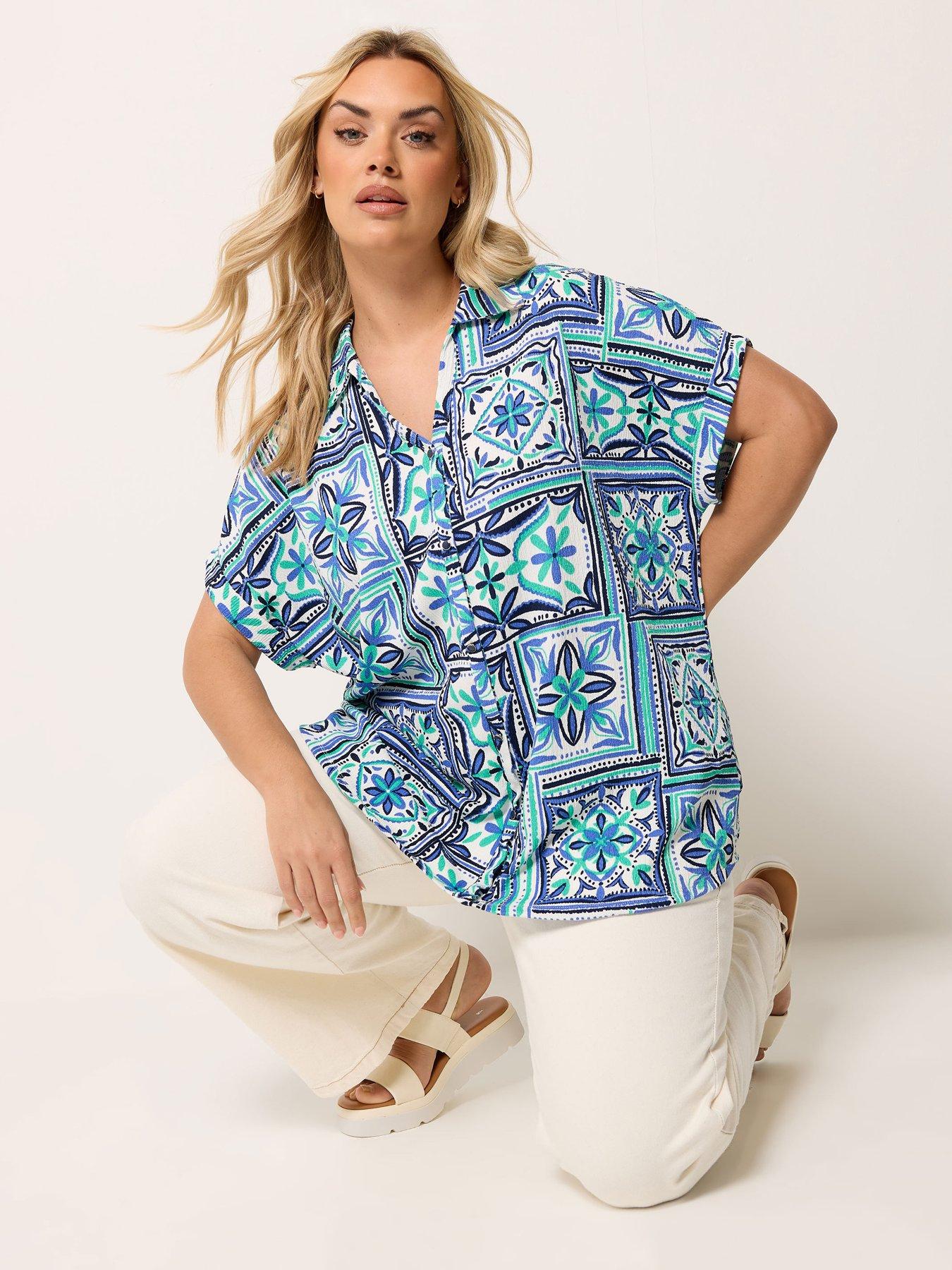 Image 1 of 5 of Yours Curve Grown On Tile Print Boxy Shirt - Blue