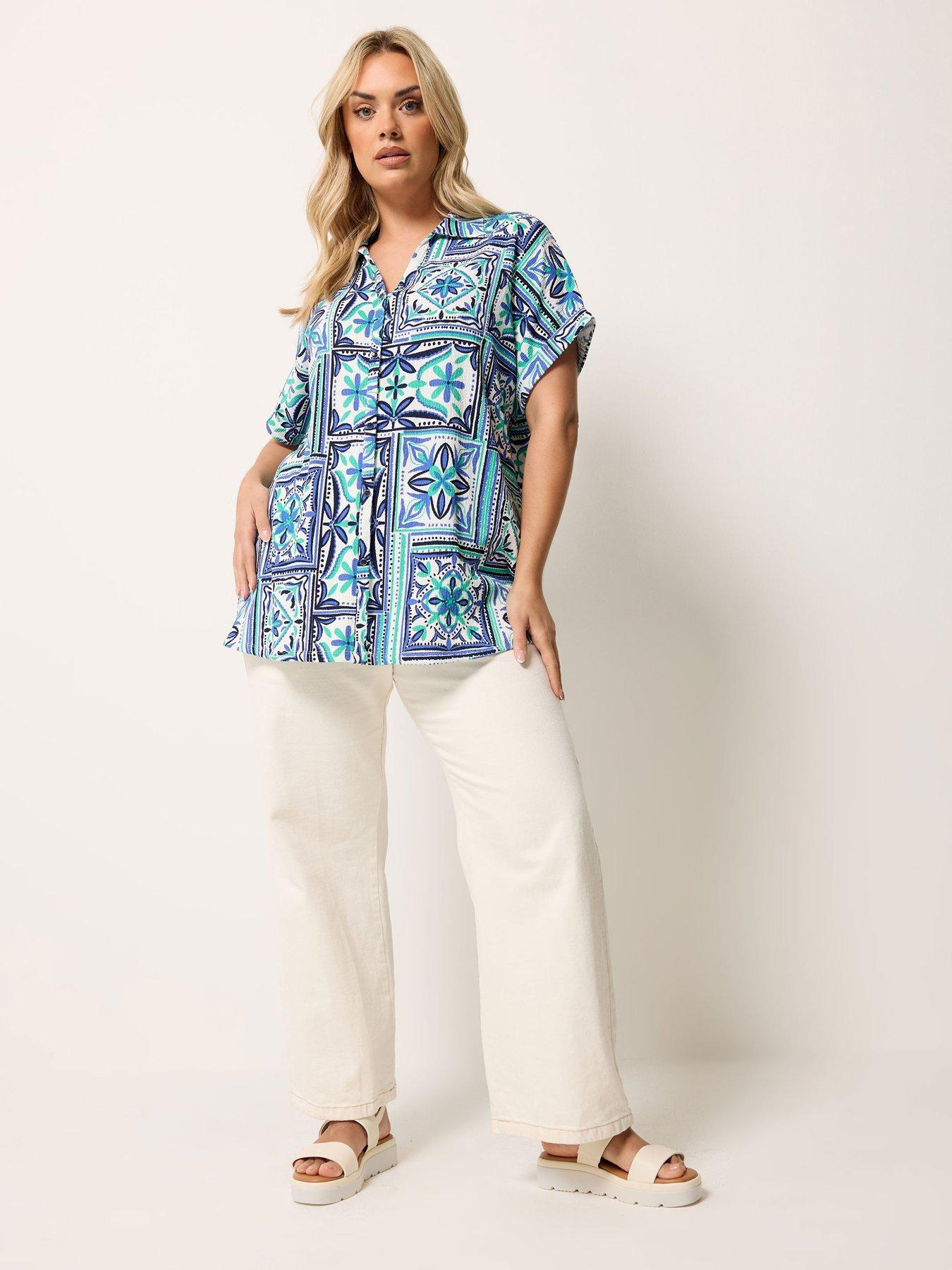 Image 3 of 5 of Yours Curve Grown On Tile Print Boxy Shirt - Blue