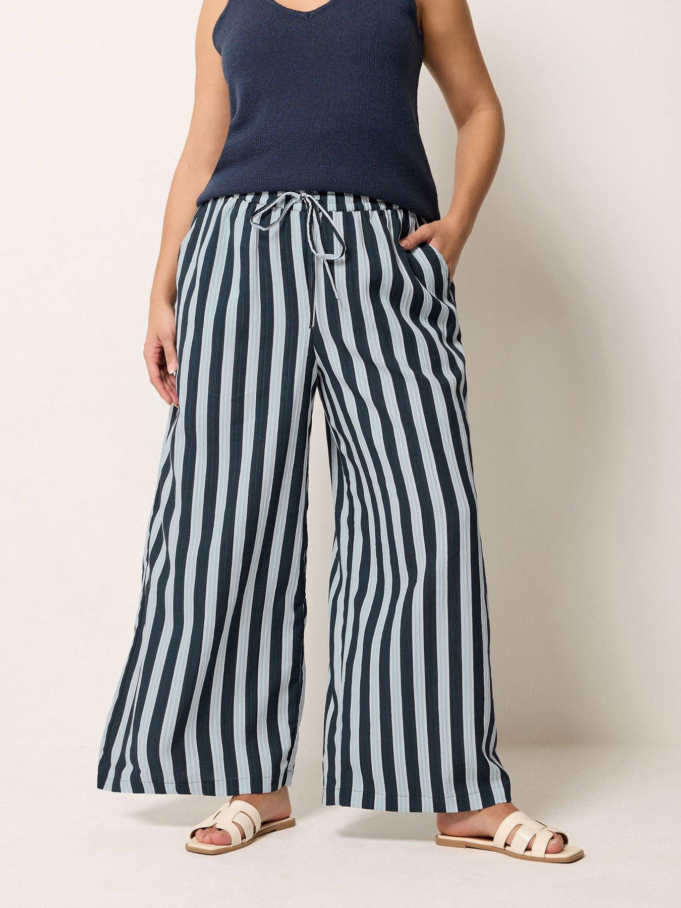 Yours Curve Striped Wide Leg Trousers - Blue