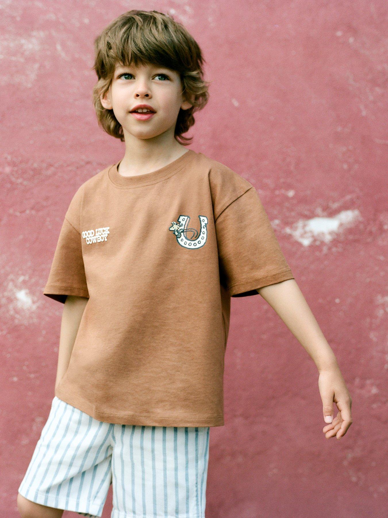 Image 1 of 5 of Mango Younger Boys Cowboy Snoopy Back Print Short Sleeve T-shirt - Brown