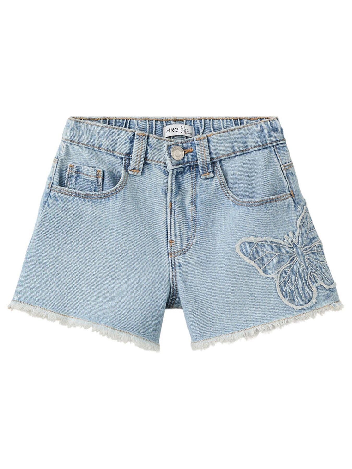 Image 1 of 4 of Mango Younger Girls Butterfly Denim Shorts - Blue