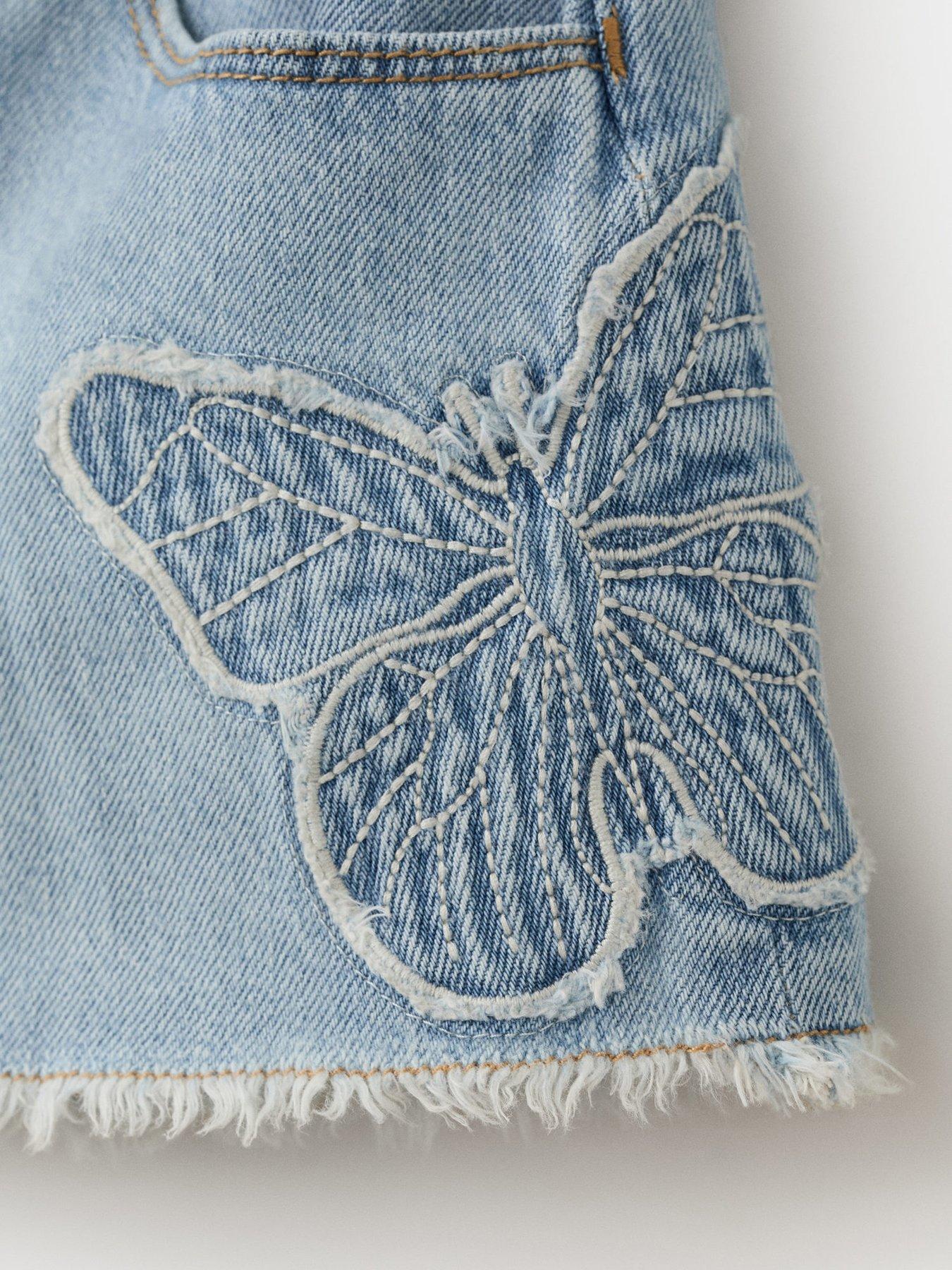 Image 4 of 4 of Mango Younger Girls Butterfly Denim Shorts - Blue