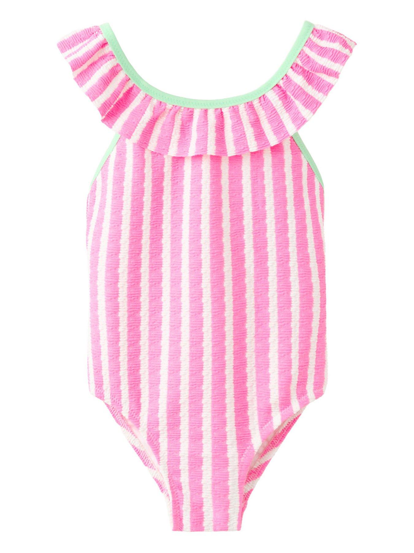 Image 1 of 4 of Mango Younger Girls Frill Stripe Swimsuit - Pink