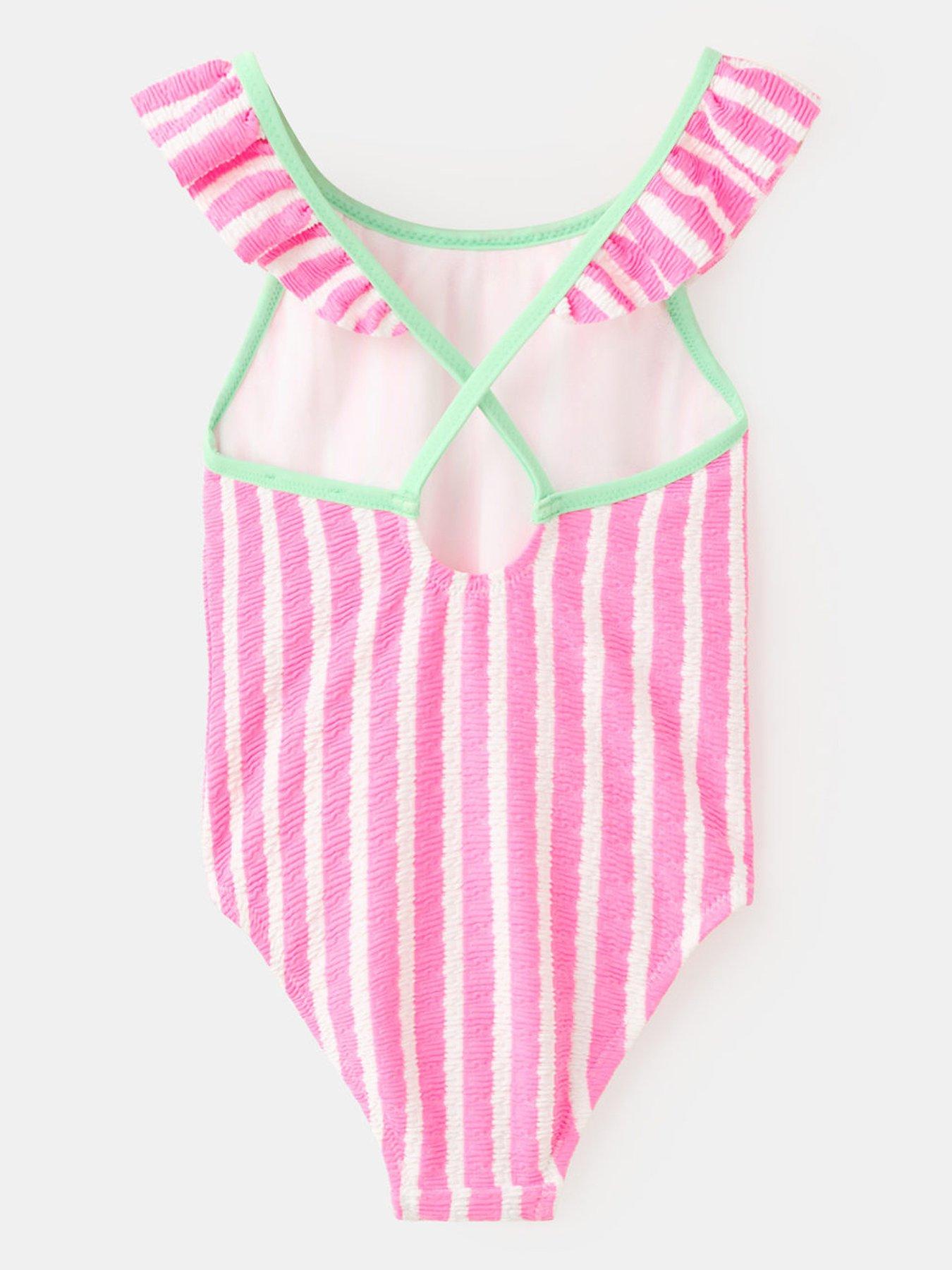 Image 2 of 4 of Mango Younger Girls Frill Stripe Swimsuit - Pink