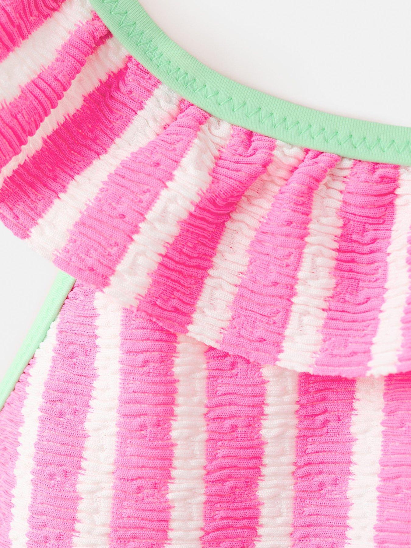 Image 4 of 4 of Mango Younger Girls Frill Stripe Swimsuit - Pink
