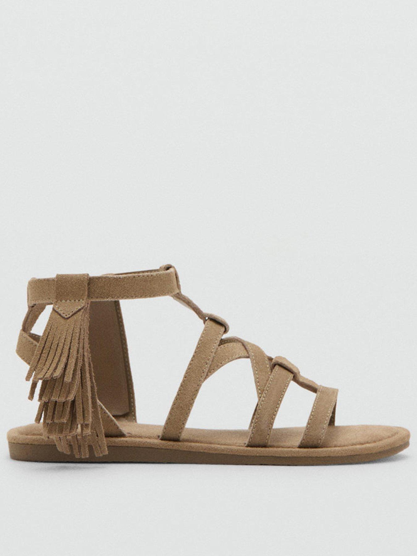 Mango Girls Leather Fringed Sandals - Brown
