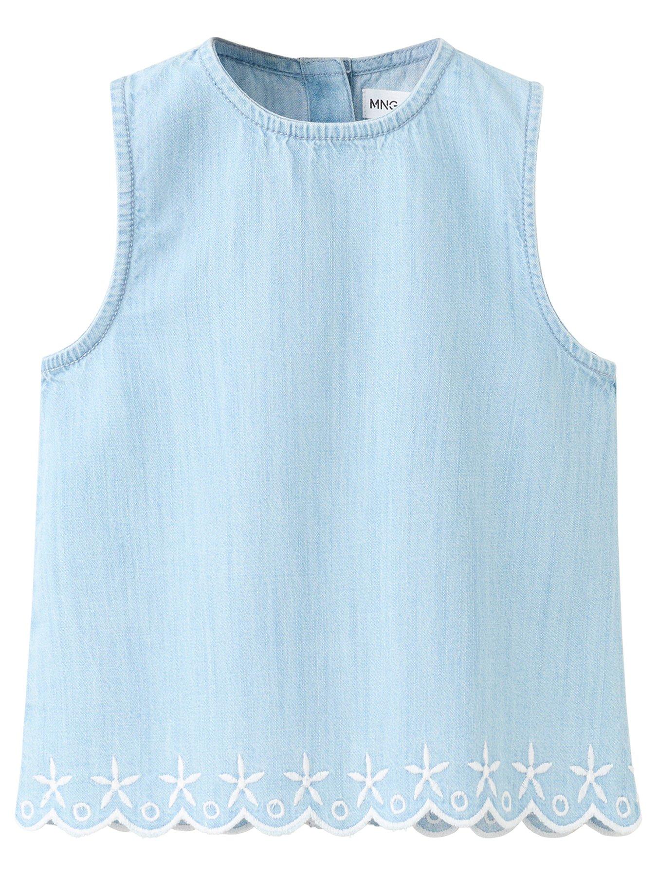 Mango Younger Girls Chambray Scallop Hem Co-Ord Blouse - Blue