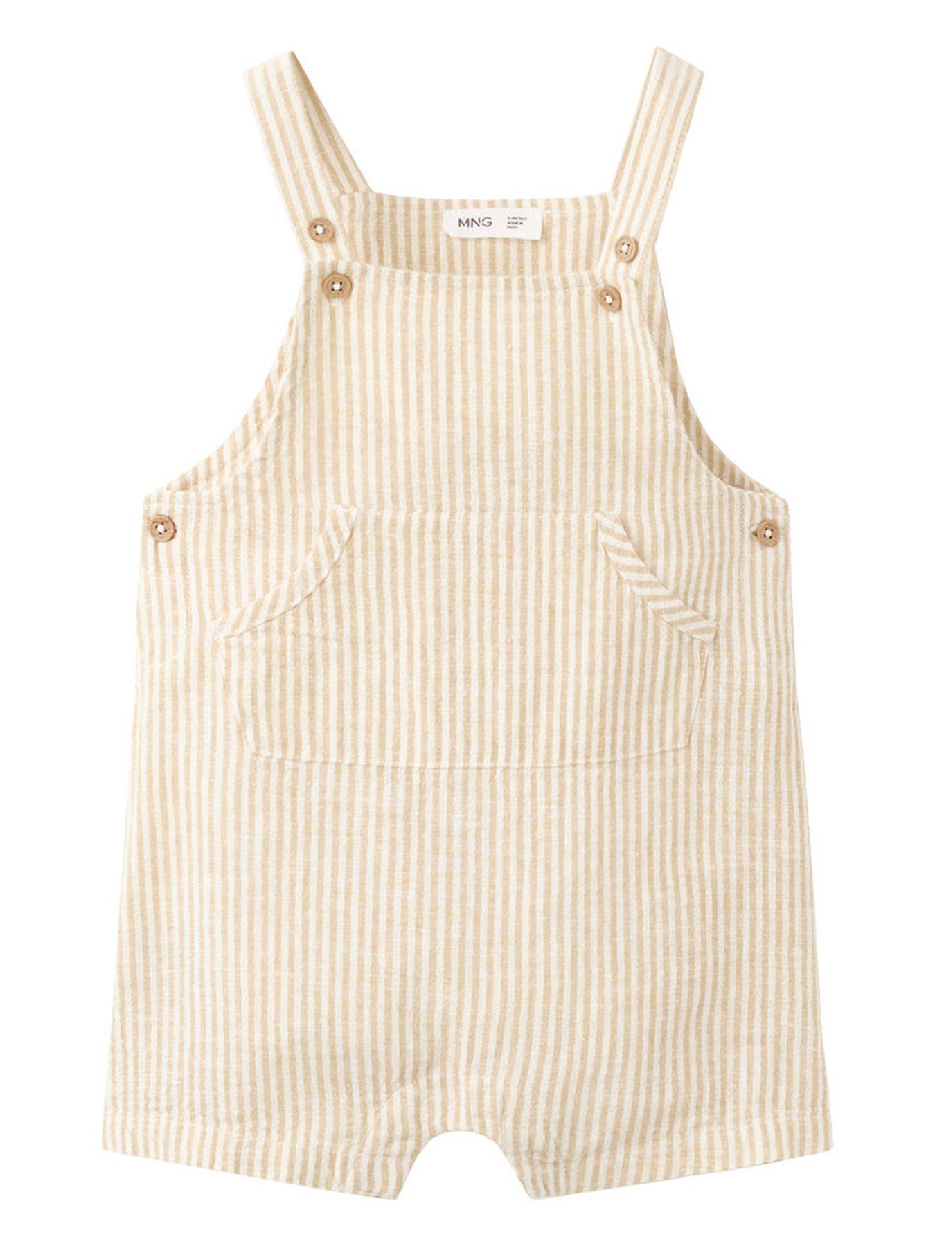 Image 1 of 4 of Mango Unisex Baby Stripe Linen Mix Shorty Dungarees - Yellow