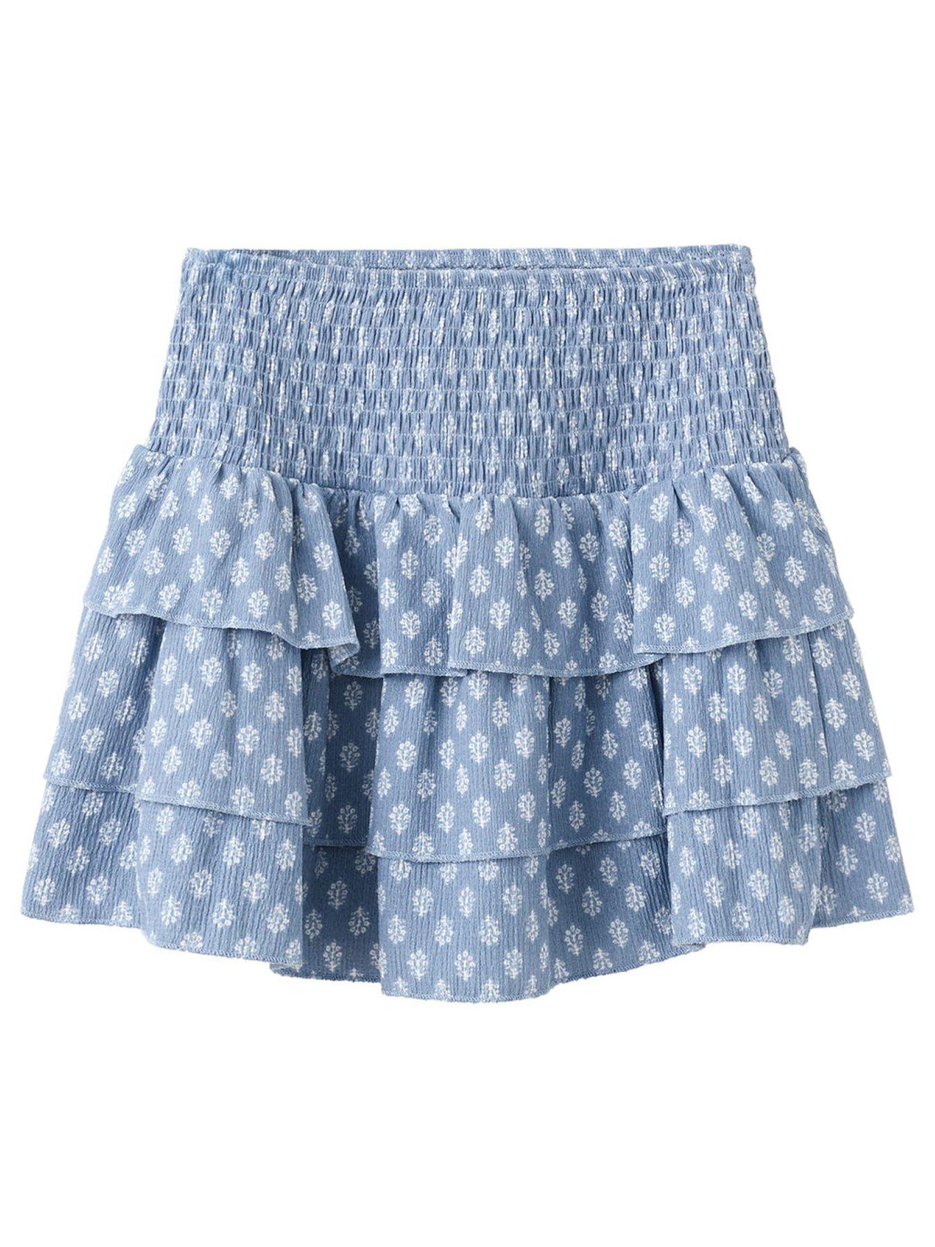 Mango Girls Shirred Waist Tiered Co-Ord Skirt - Blue