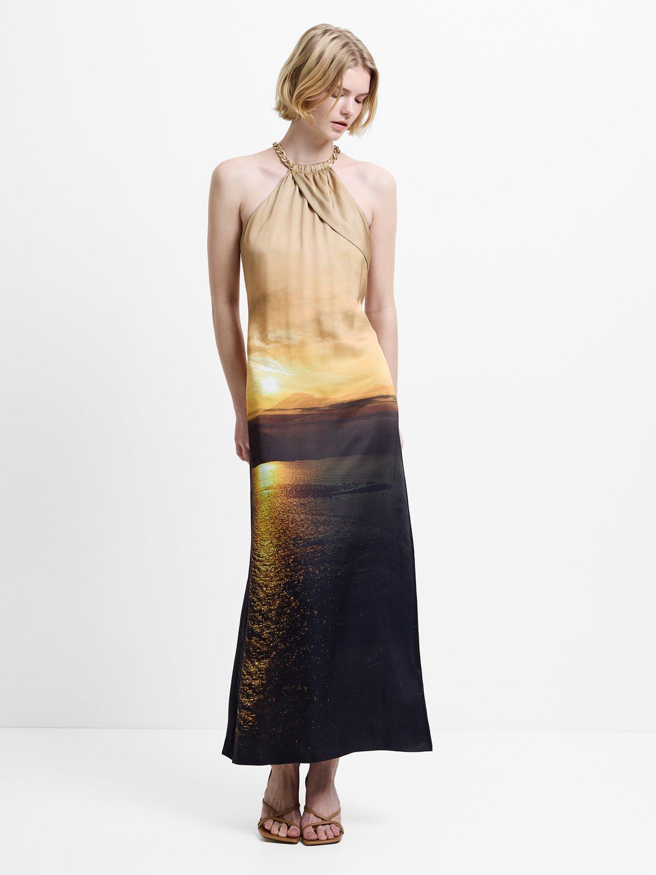 French Connection Sunset-print Chain Halter Neck Satin Maxi Dress
