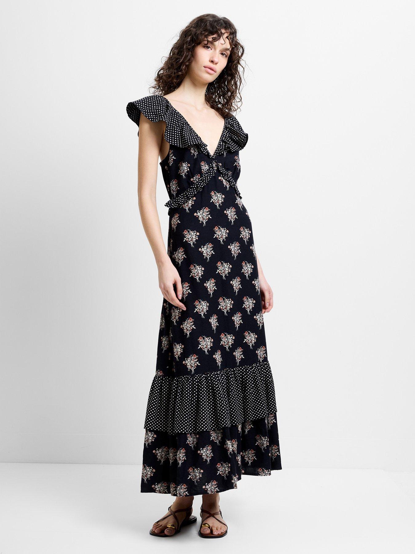 French Connection Floral Print V-neck Ruffle Sleeve Maxi Dress