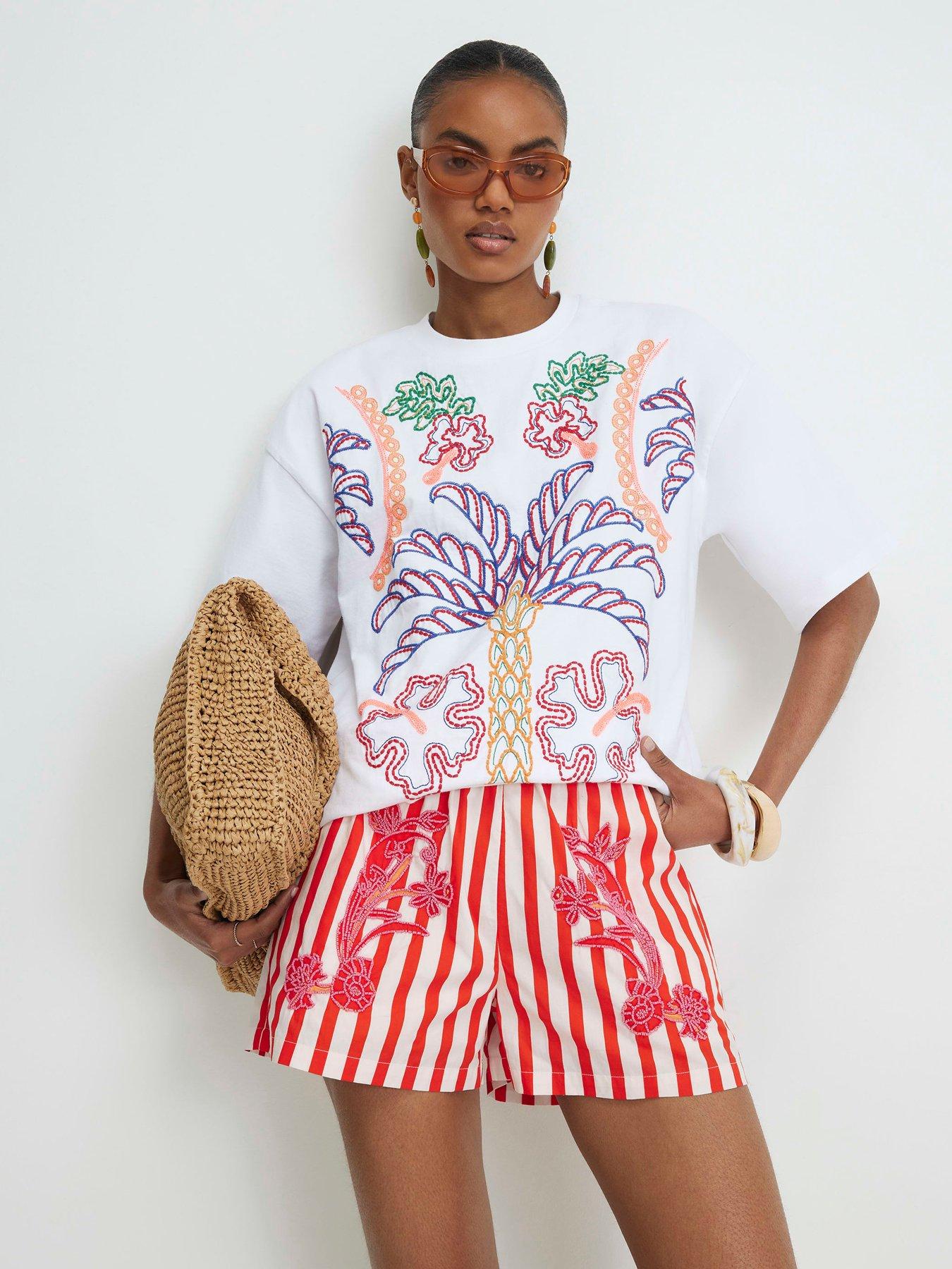 River Island Short Sleeve Tropical Embroidered T-shirt - Cream