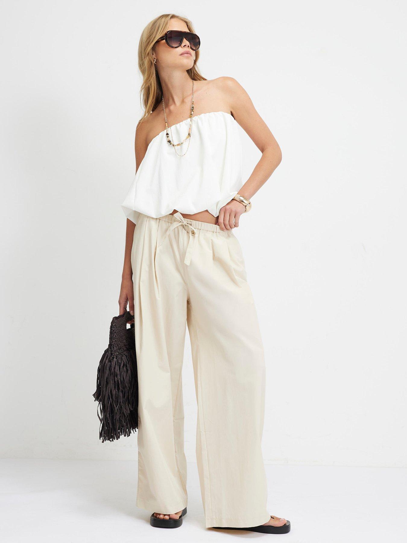 River Island Mid Rise Tie Waist Wide Leg Trousers - Cream