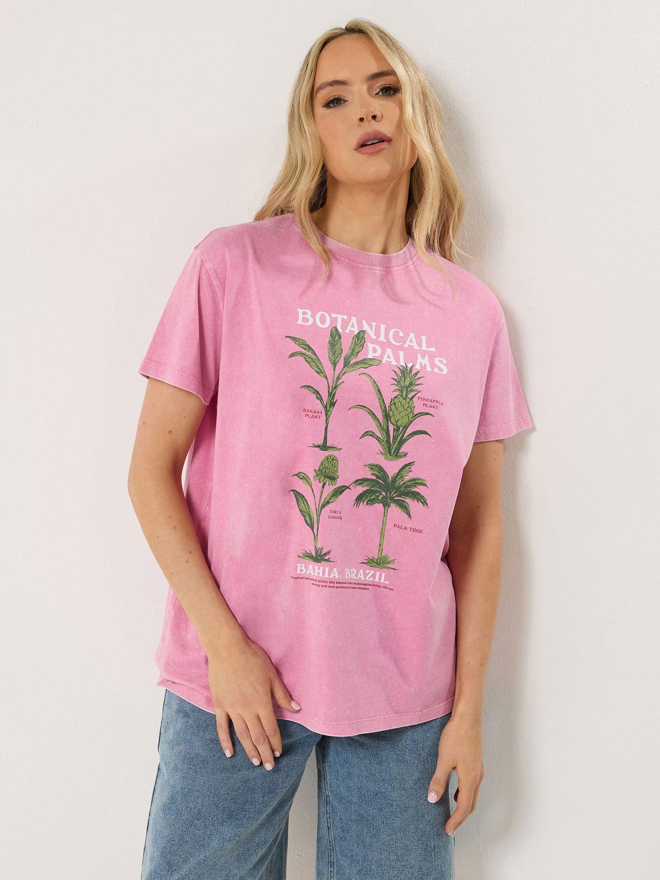Long Tall Sally Acid Wash Botanical Print T-Shirt - Pink