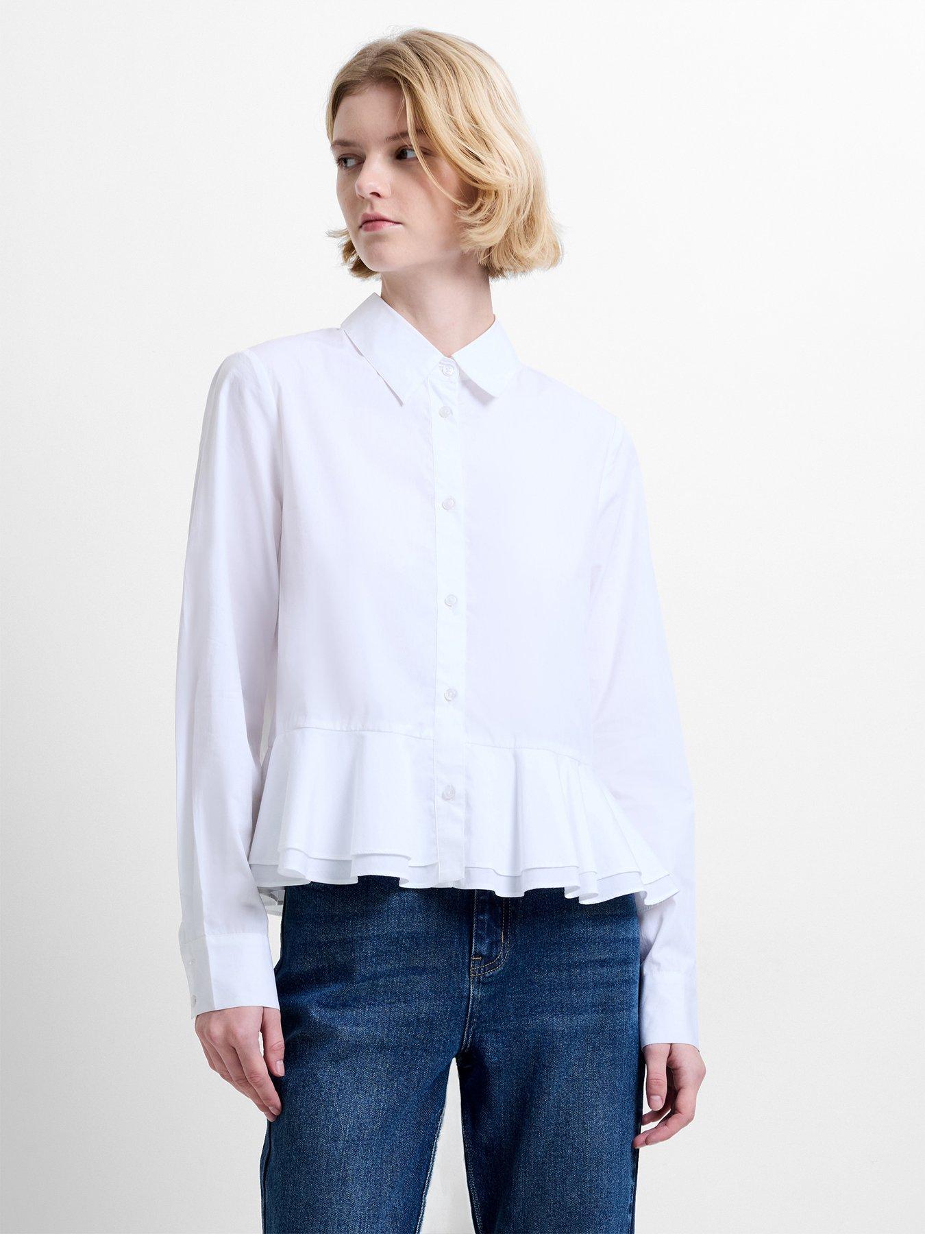 Image 1 of 5 of French Connection Cambria Ruffle Hem Peplum Shirt - White