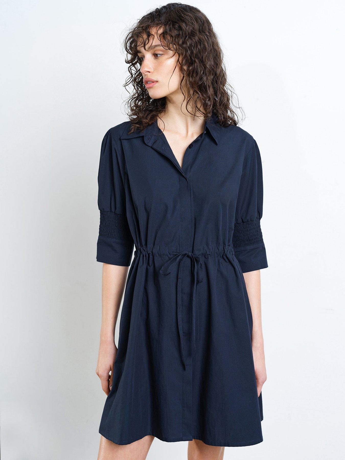 French Connection Cotton Collared Elasticated Tie Waist Mini Shirt Dress