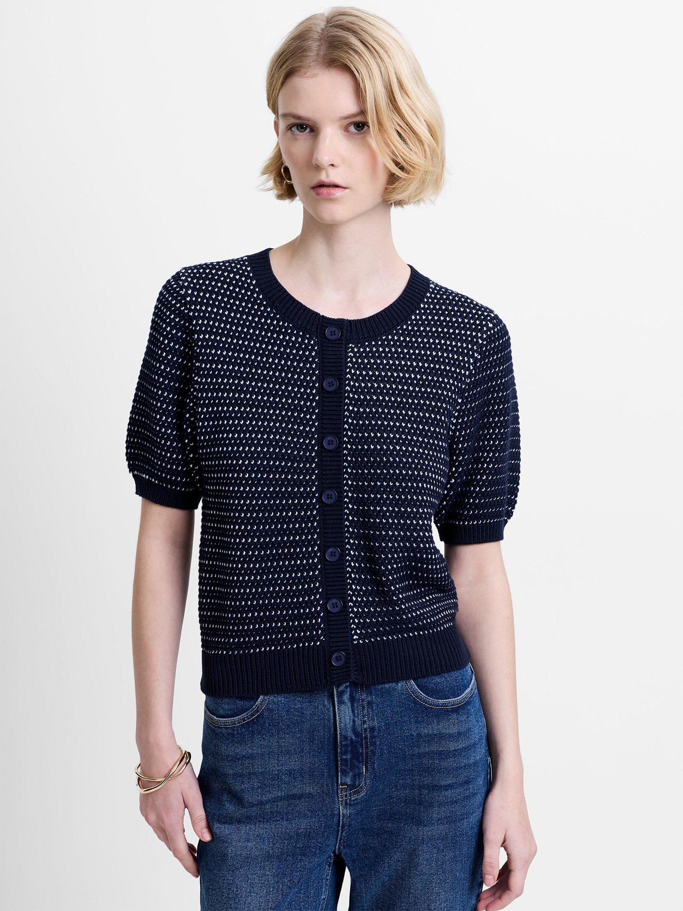 French Connection Cotton Blend Dotted Short Sleeve Knit Cardigan - Navy