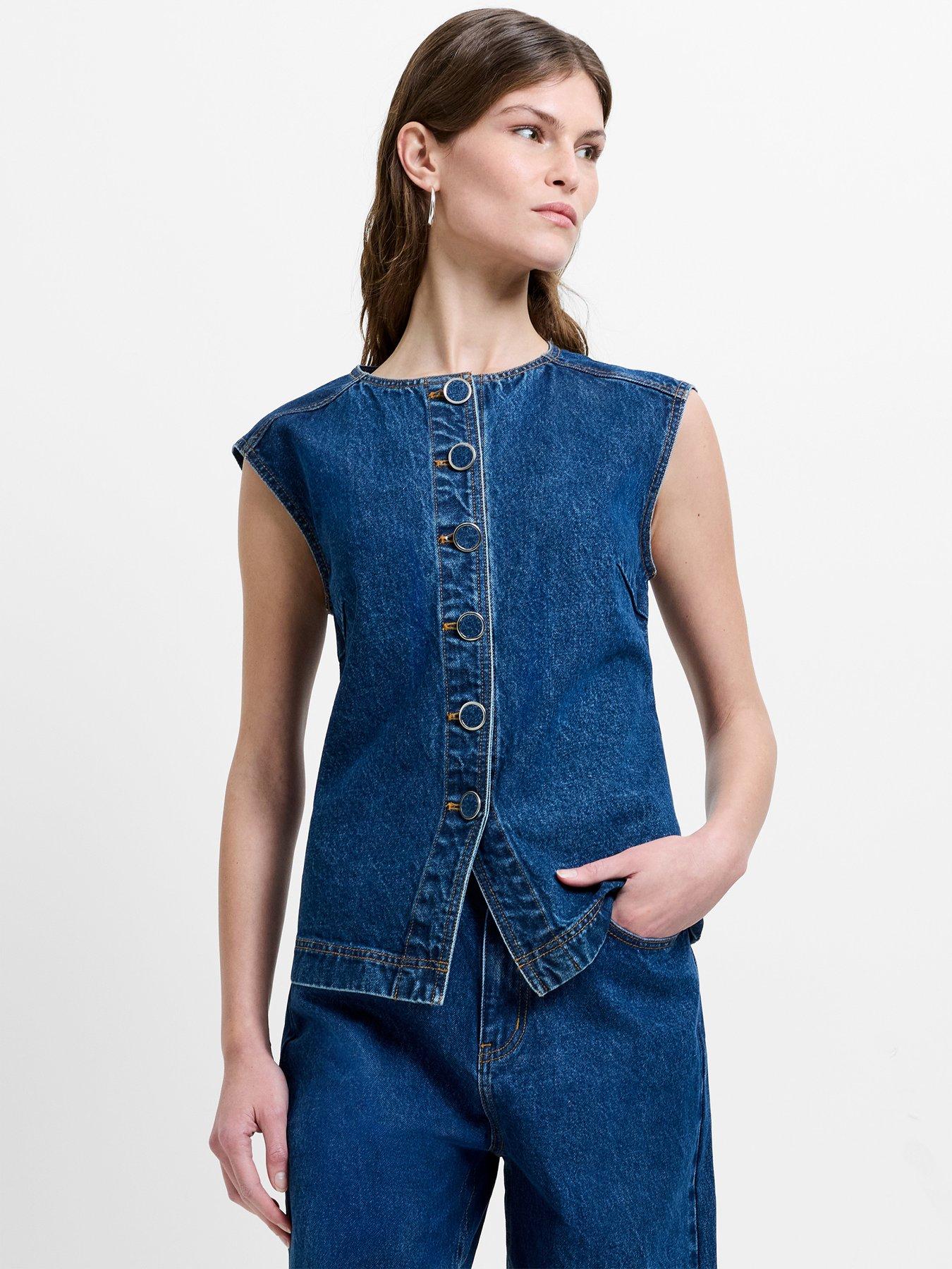 French Connection Cotton Button Down High Crew Neck Denim Waistcoat