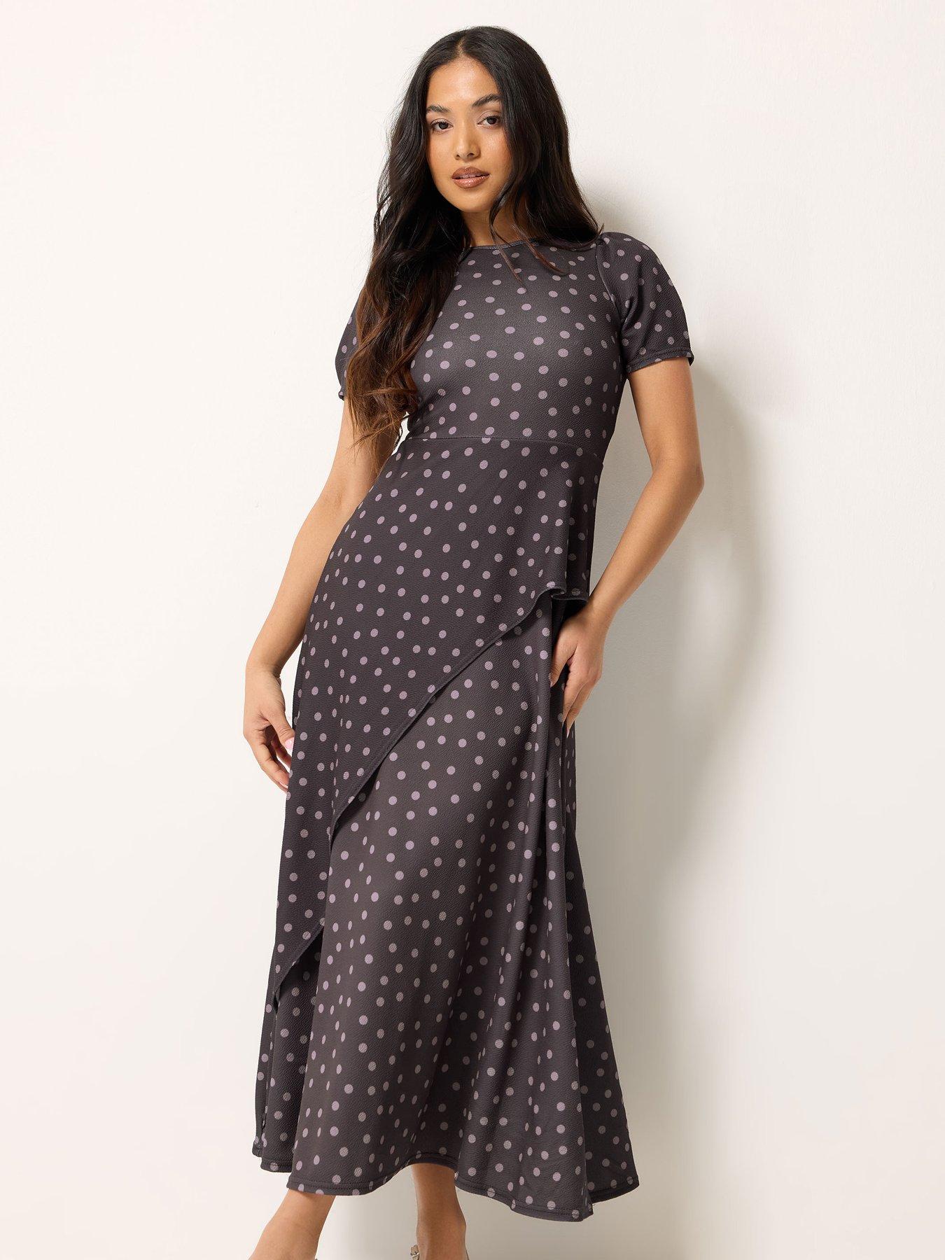 front image of pixiegirl-petite-polka-dot-crinkle-maxi-dress-brown