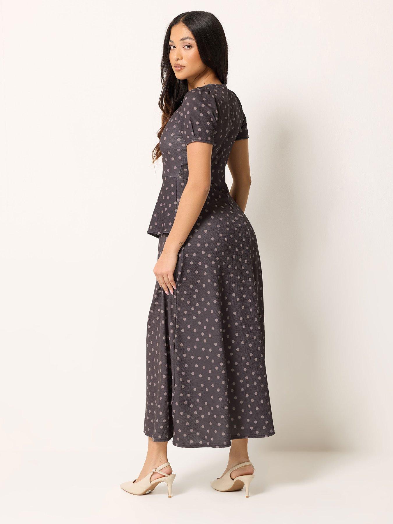 stillFront image of pixiegirl-petite-polka-dot-crinkle-maxi-dress-brown