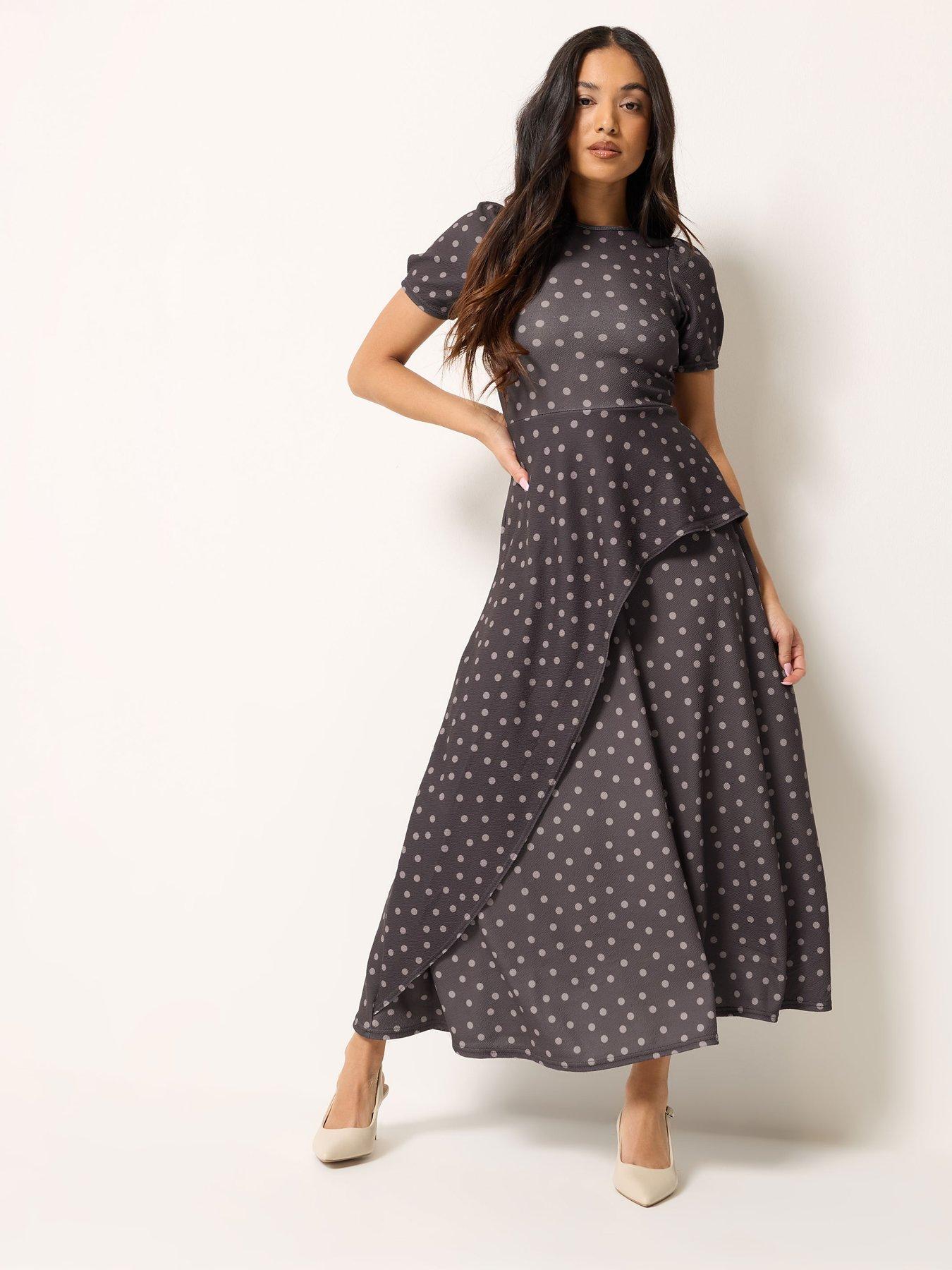  image of pixiegirl-petite-polka-dot-crinkle-maxi-dress-brown