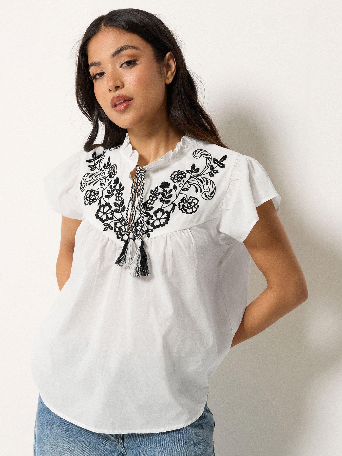 front image of pixiegirl-petite-frill-sleeve-tie-neck-embroidered-blouse-white