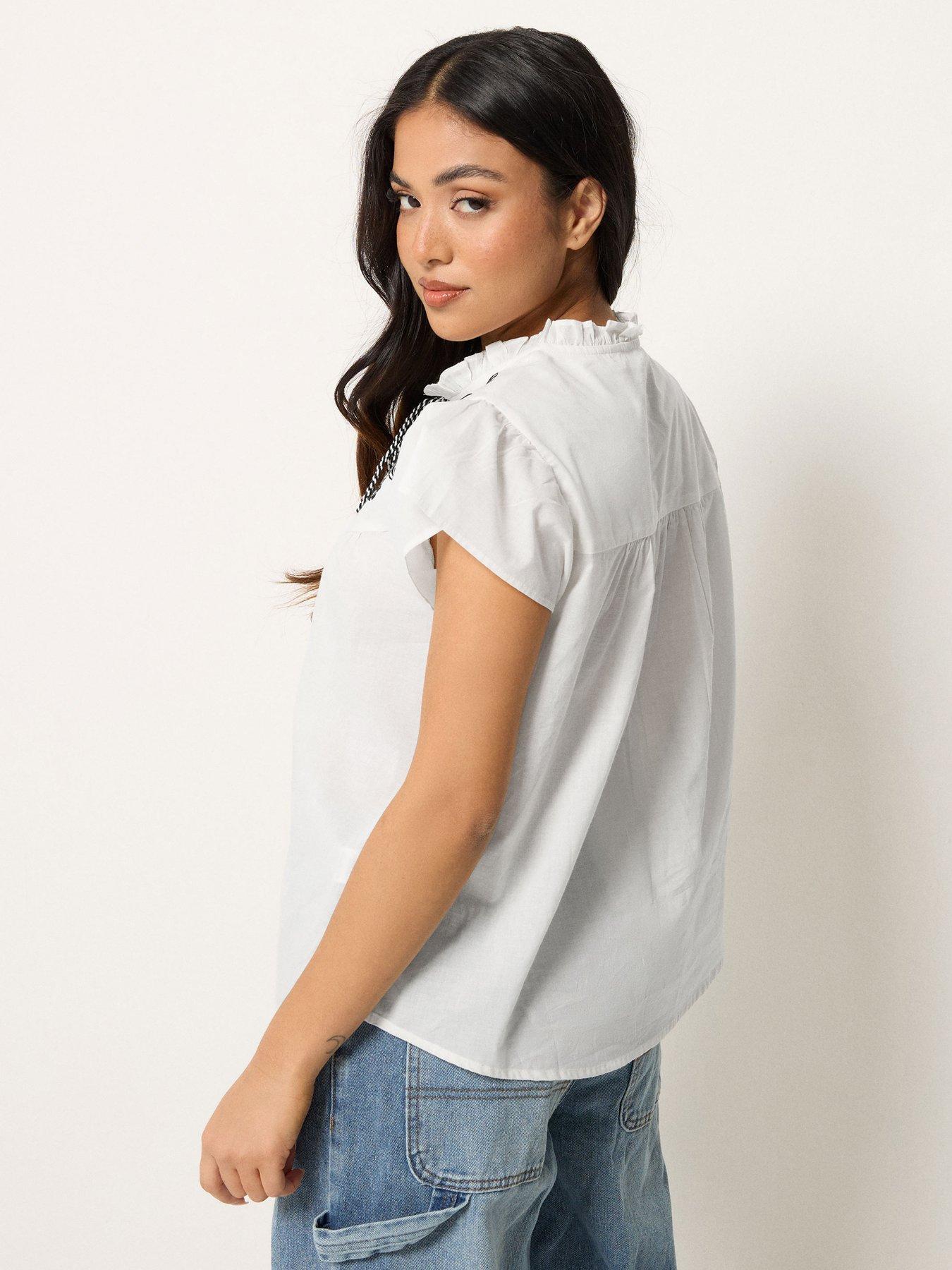  image of pixiegirl-petite-frill-sleeve-tie-neck-embroidered-blouse-white