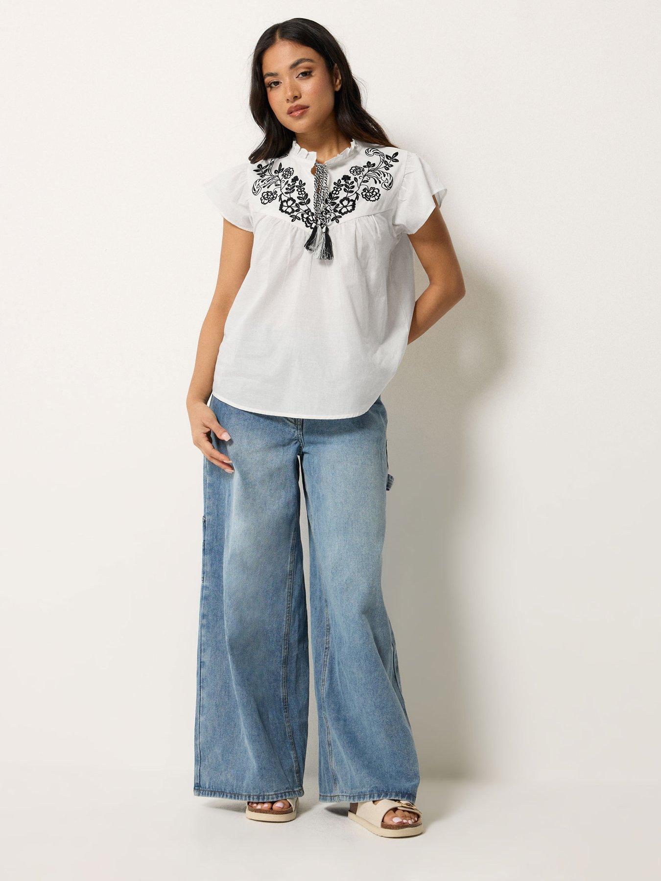  image of pixiegirl-petite-frill-sleeve-tie-neck-embroidered-blouse-white
