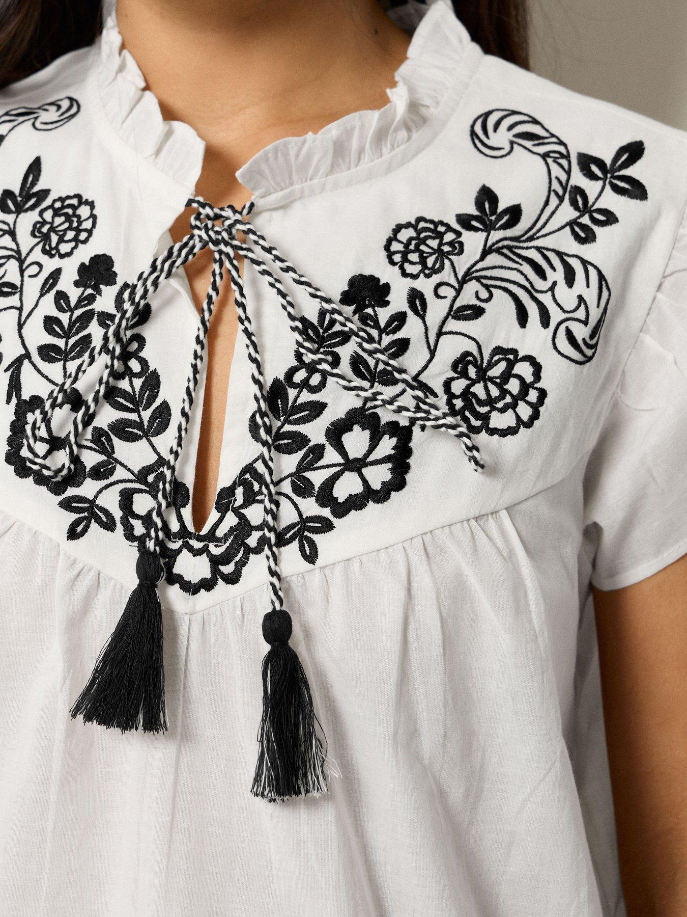  image of pixiegirl-petite-frill-sleeve-tie-neck-embroidered-blouse-white
