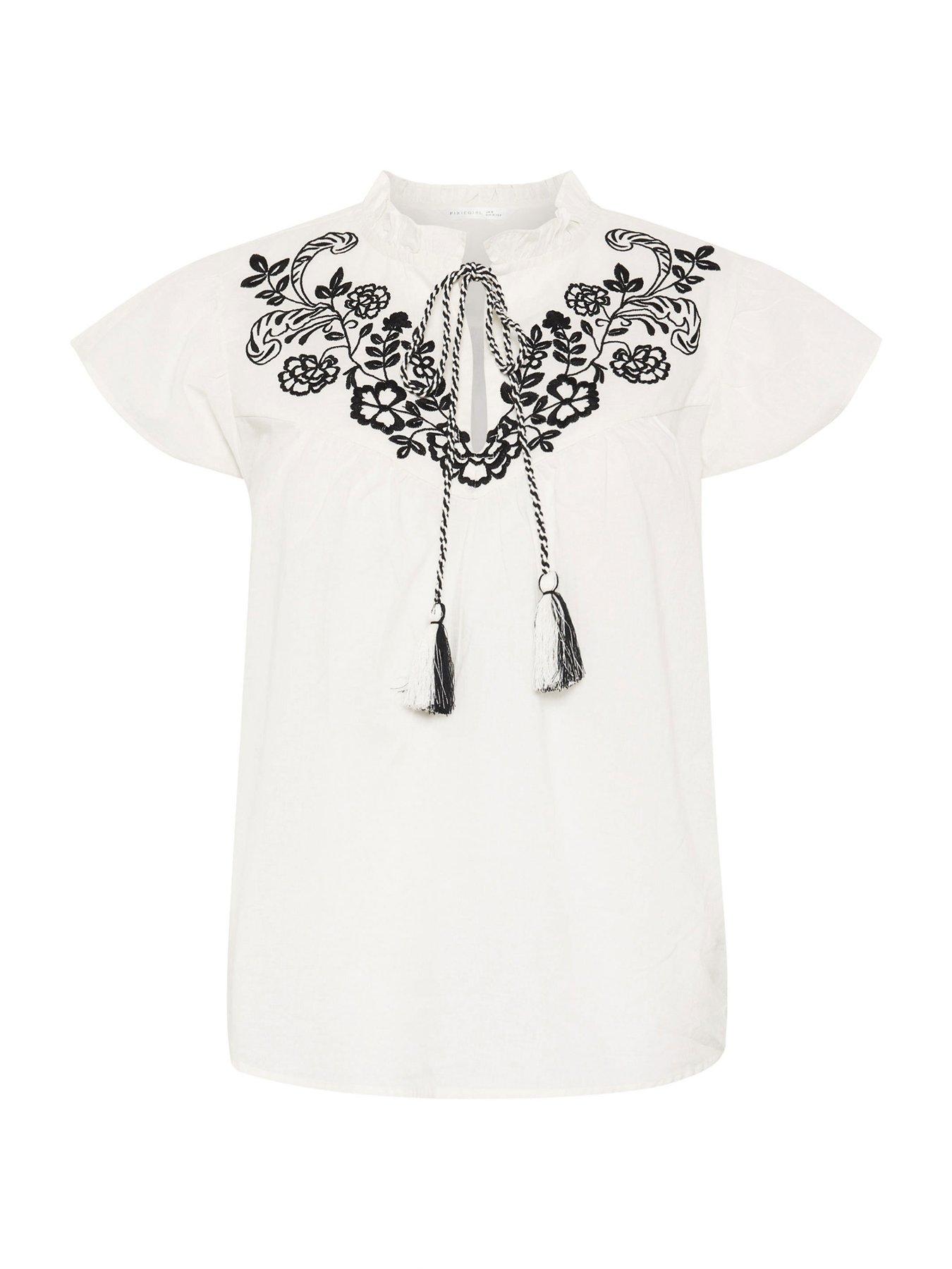  image of pixiegirl-petite-frill-sleeve-tie-neck-embroidered-blouse-white