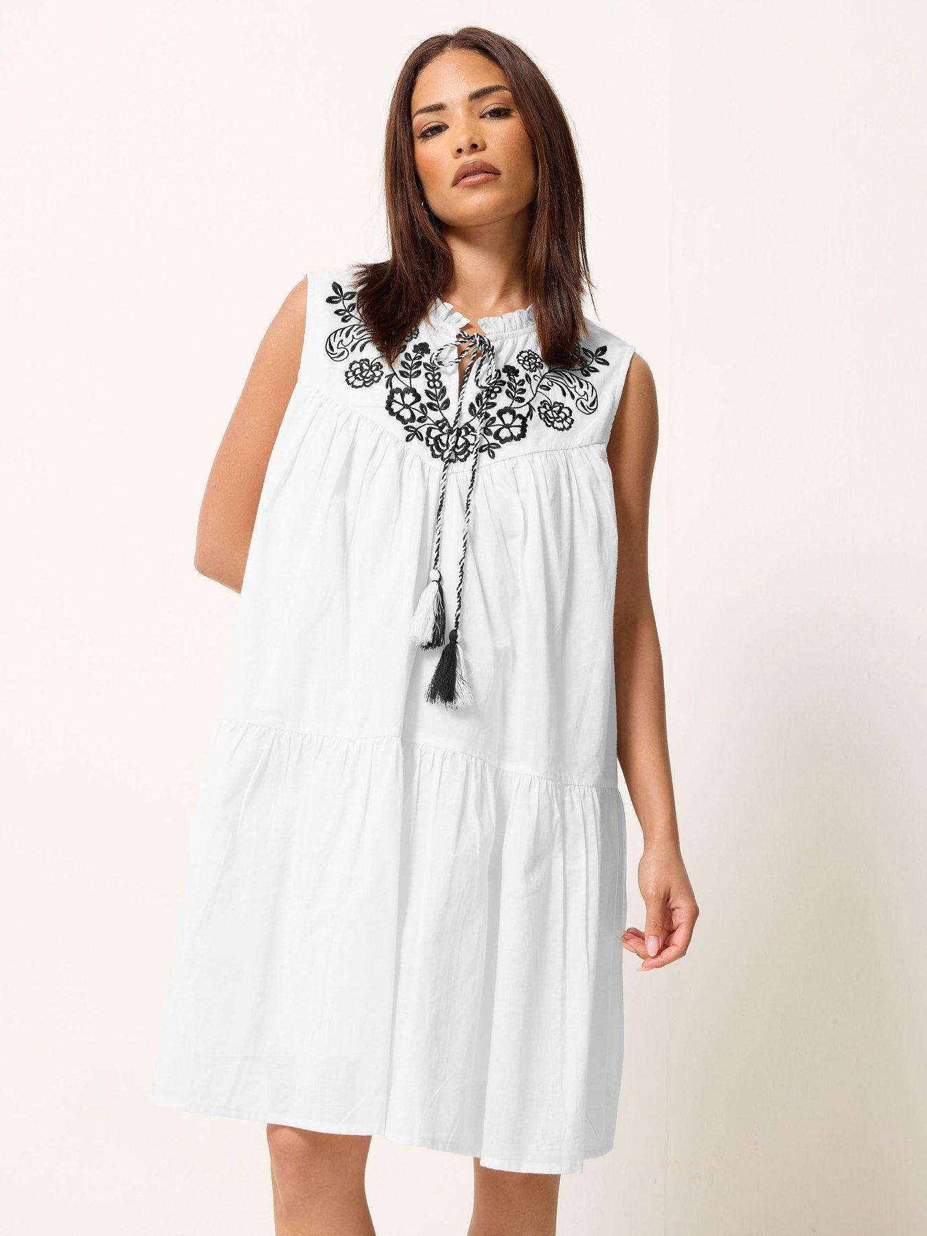 PixieGirl Petite Frill Sleeve Tie Neck Embroidered Smock Dress - White
