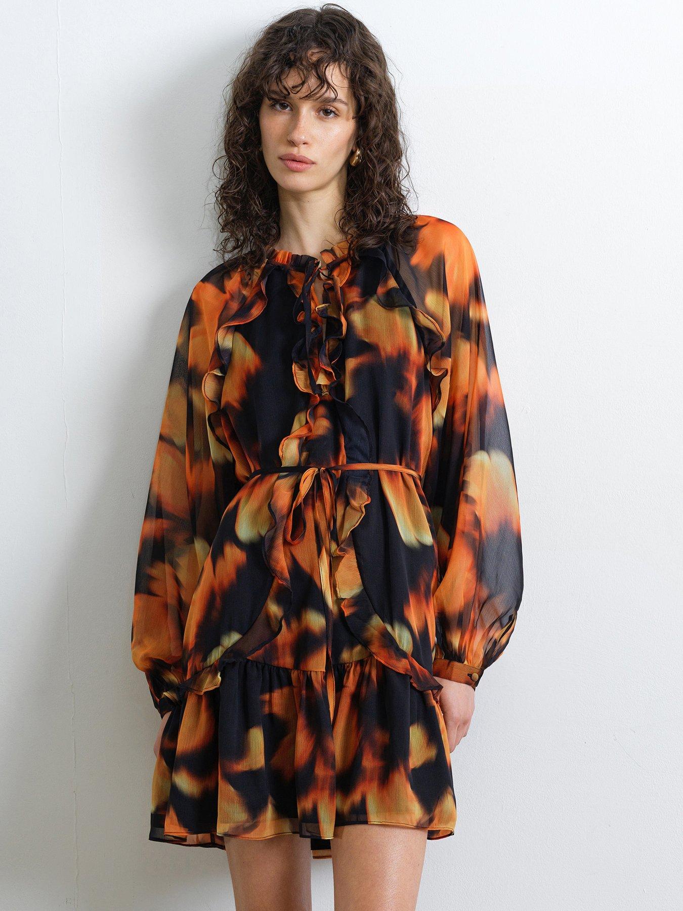 Image 1 of 5 of French Connection Abstract Print Mini Smock Dress - Orange